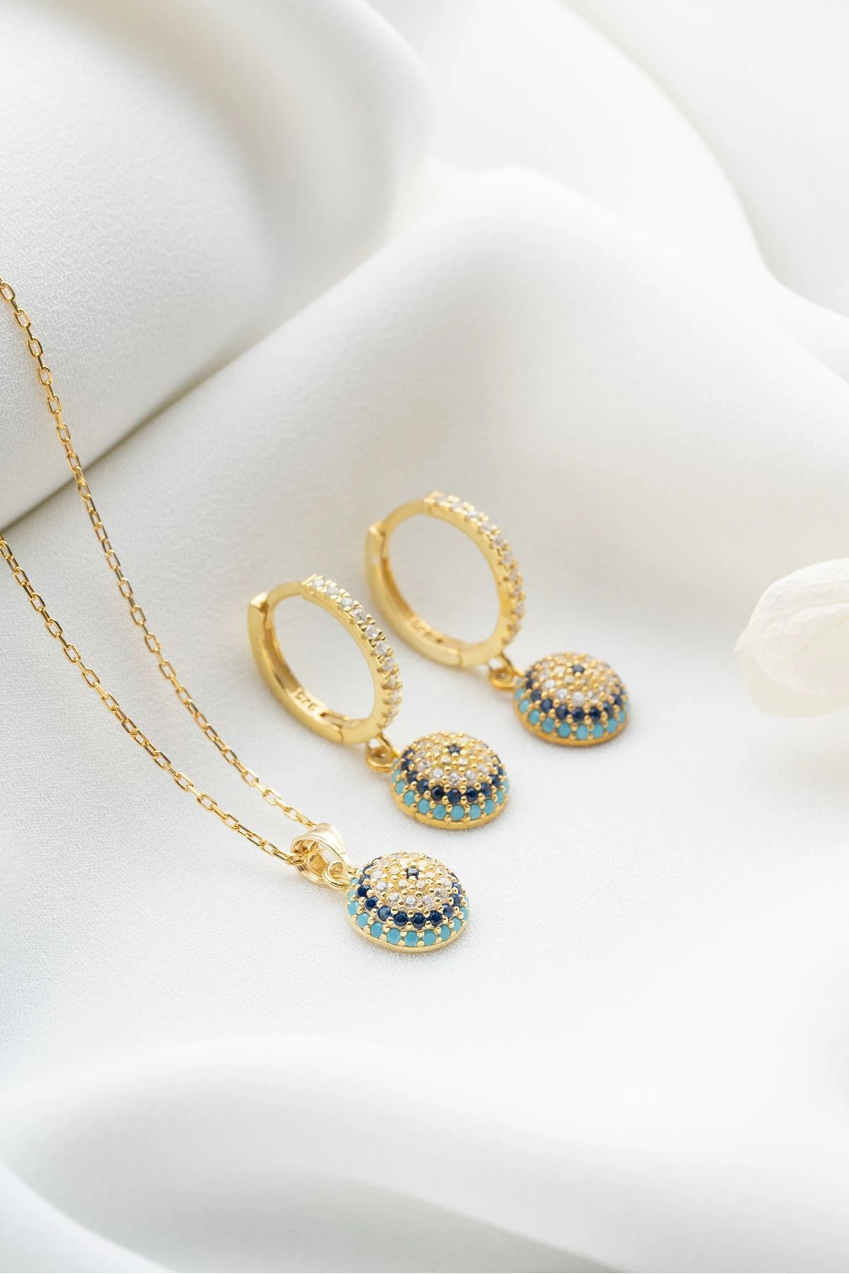 Nazar Boncuklu Gümüş Kolye ve Küpe Seti