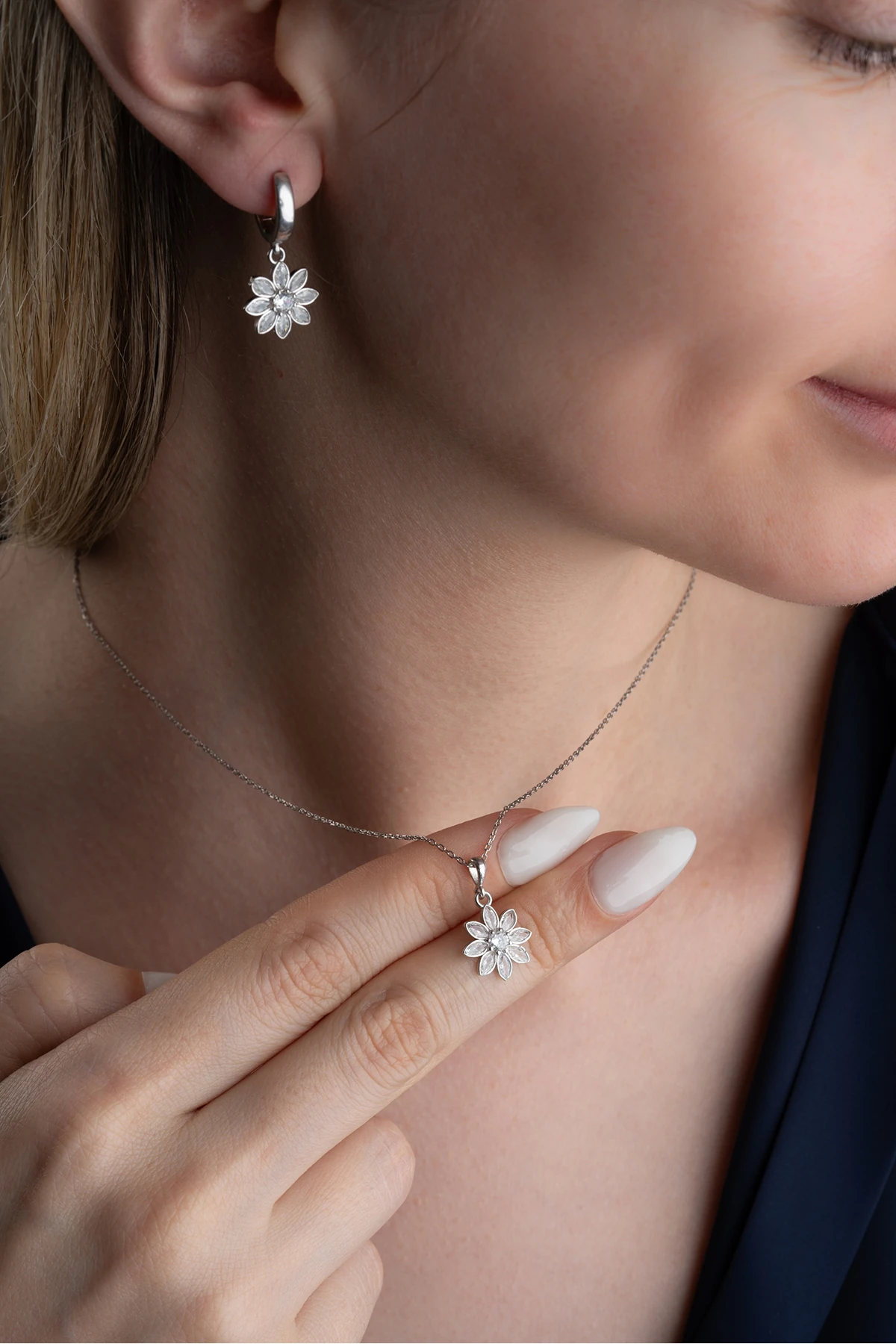 Lotus Çiçeği Gümüş Kolye-Küpe Takı Seti