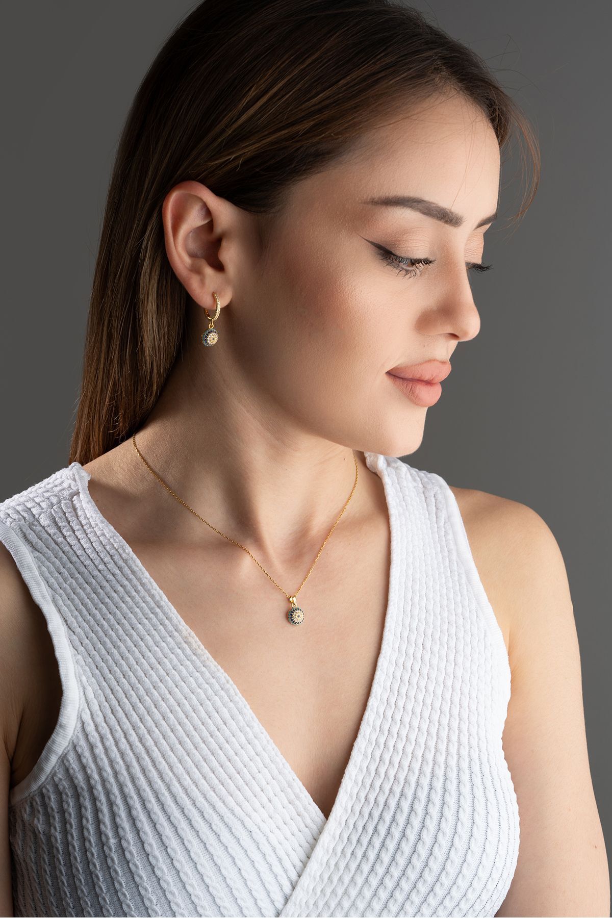 Nazar Boncuklu Gümüş Kolye ve Küpe Seti