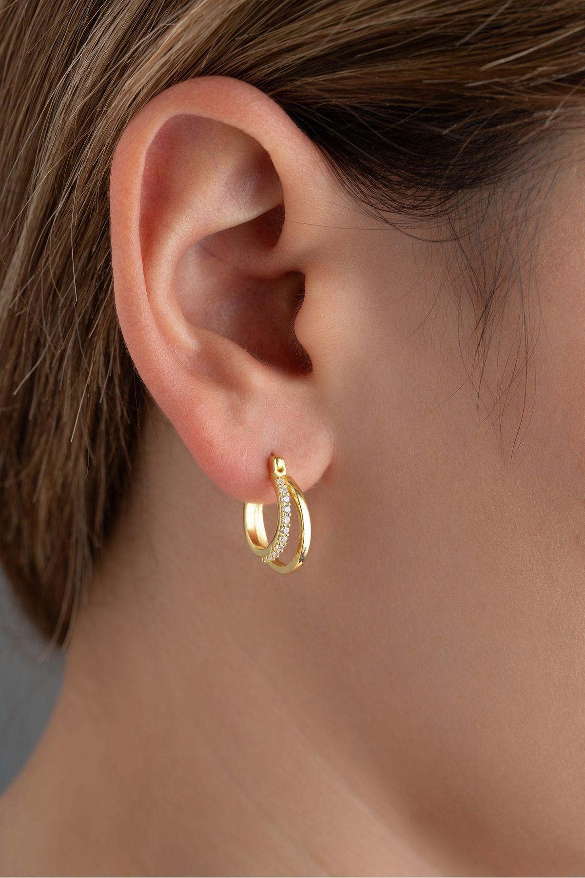 Çift Sıralı Taşlı Halka Gümüş Küpe