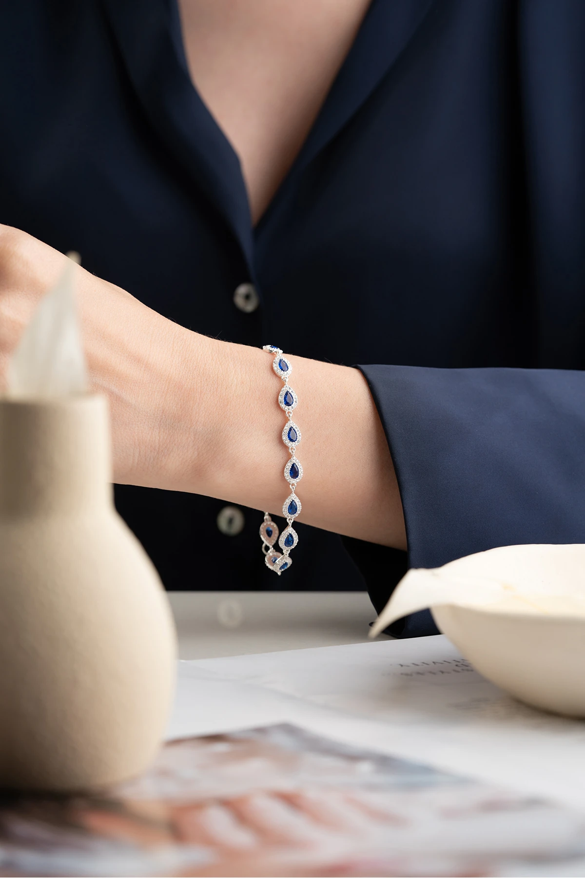 Su Yolu Damla Safir Taşlı Gümüş Kolye