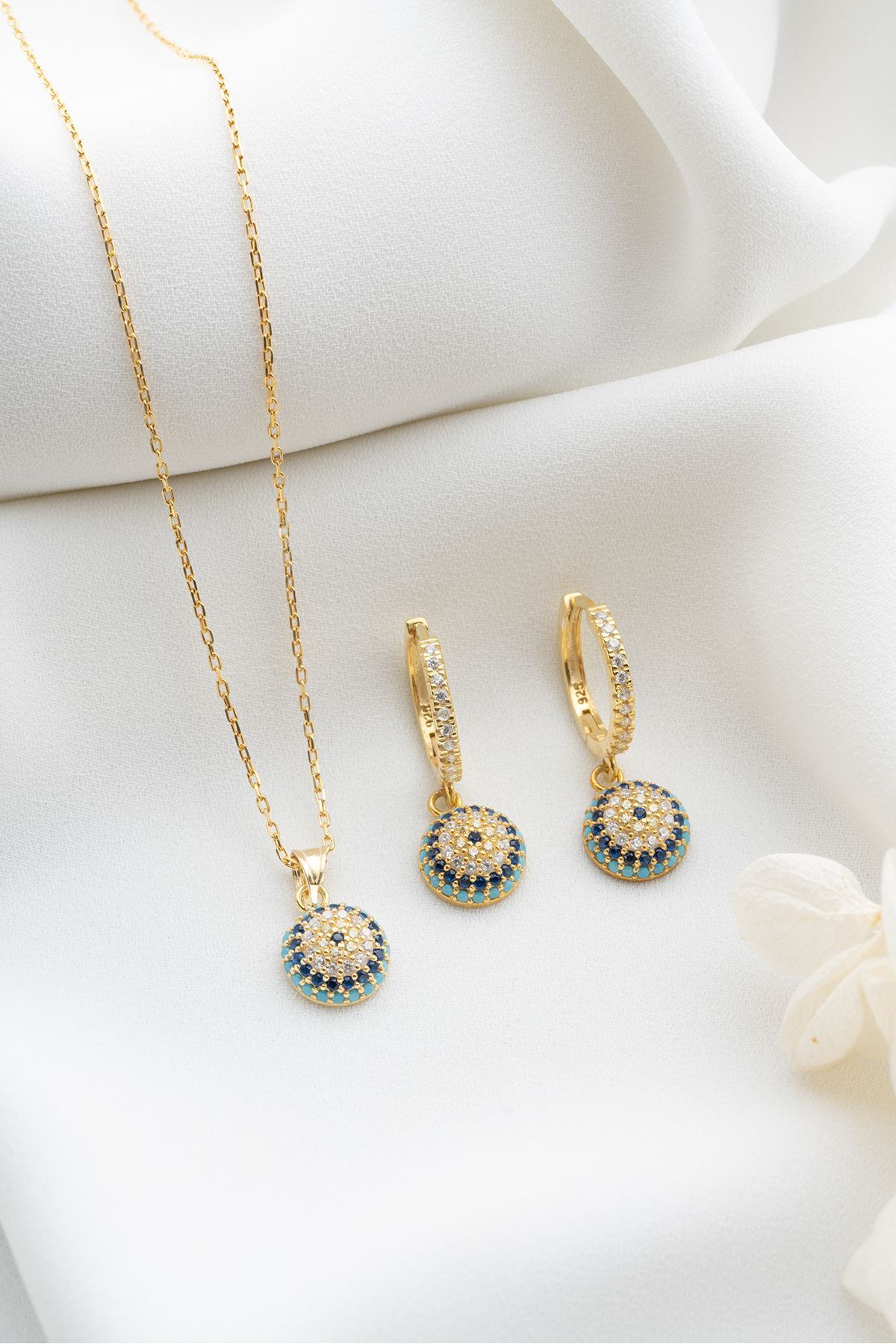 Nazar Boncuklu Gümüş Kolye ve Küpe Seti