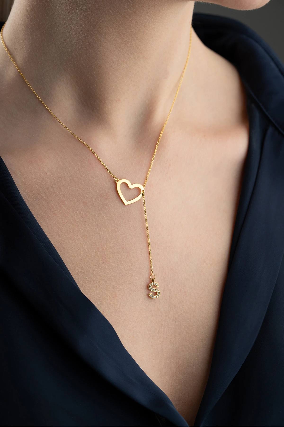 Kalp ve Harf Detaylı Y Gümüş Kolye