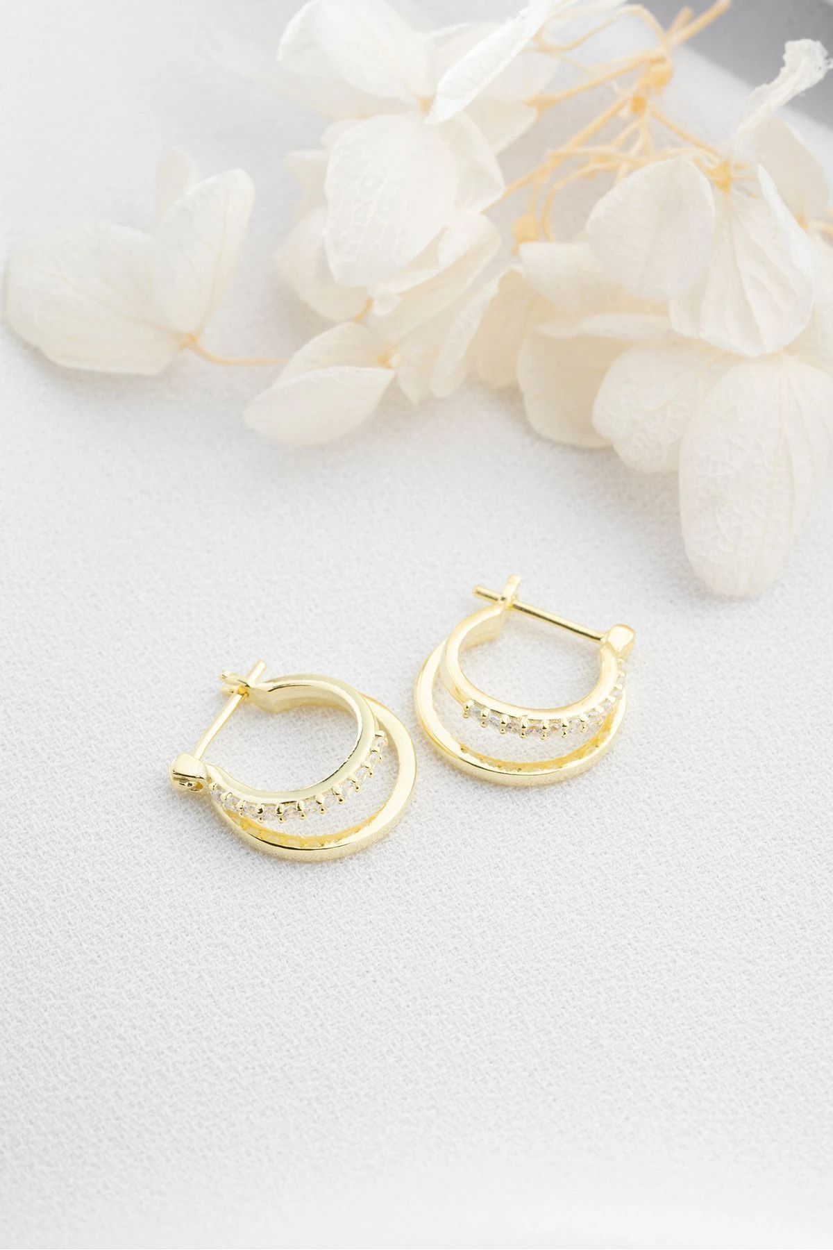 Çift Sıralı Taşlı Halka Gümüş Küpe