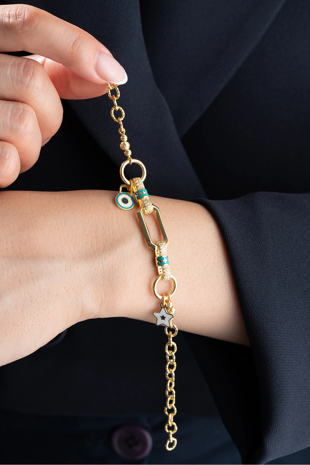 Nazar Boncuklu Zincir Charm  Gümüş Bileklik