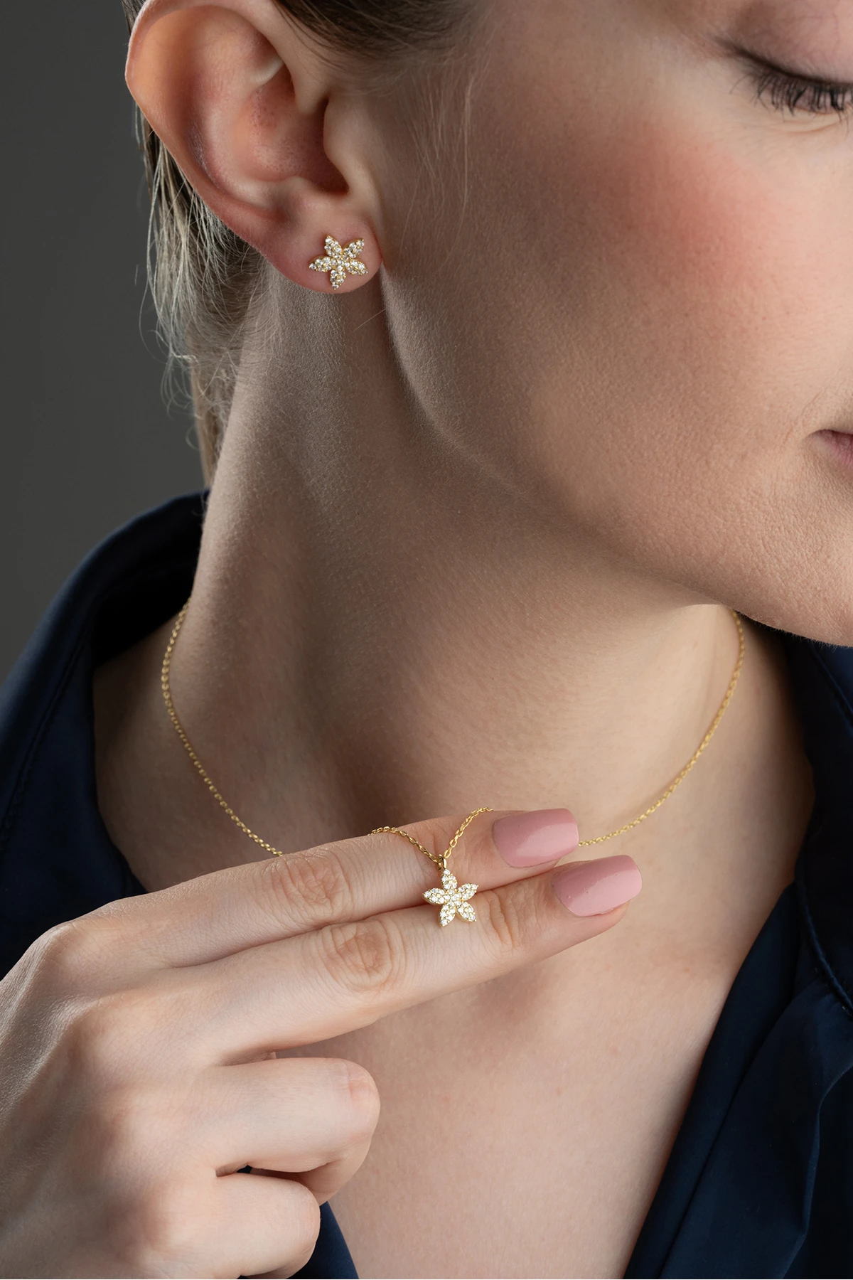 Çiçekli Gümüş Kolye Küpe Seti