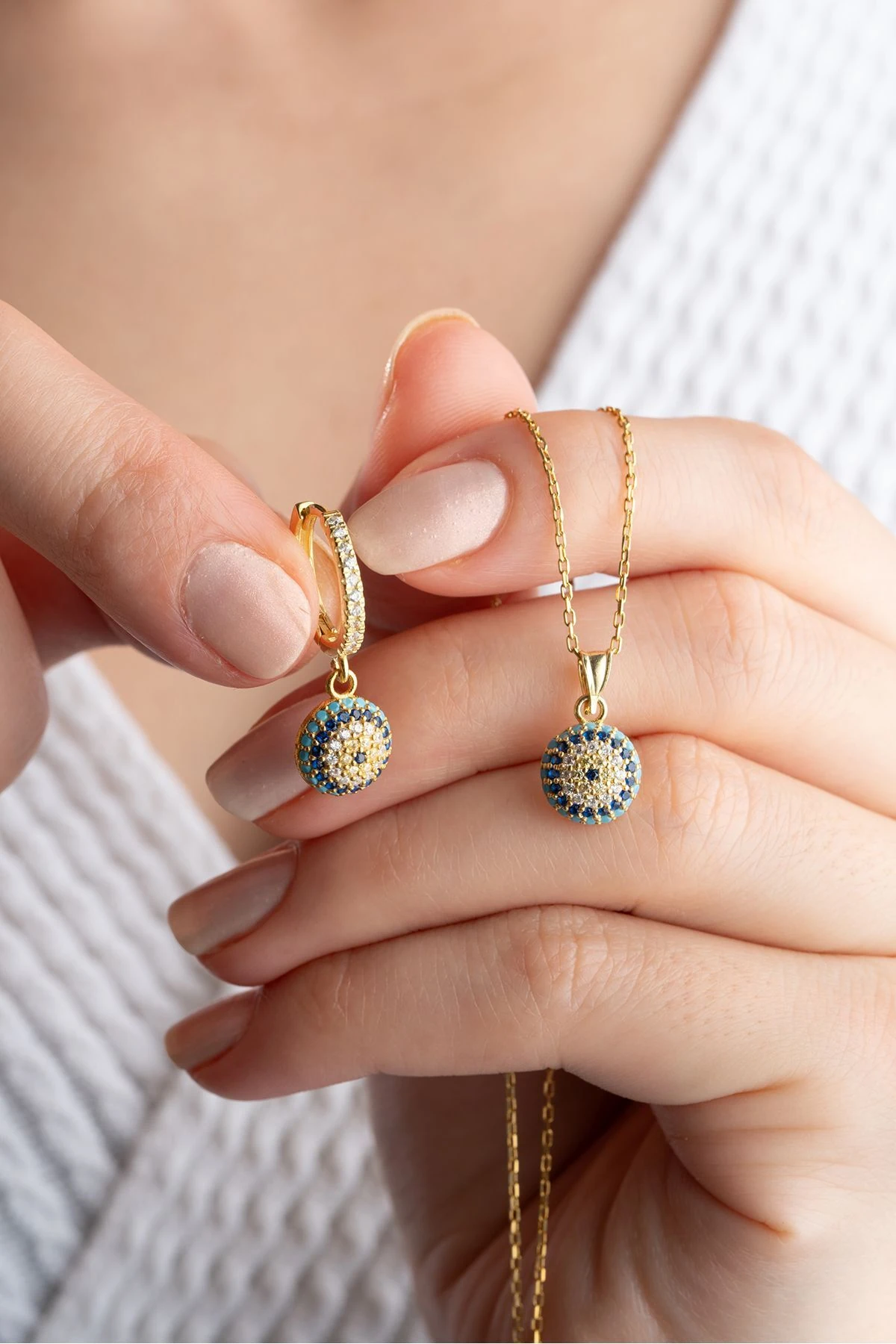 Nazar Boncuklu Gümüş Kolye ve Küpe Seti