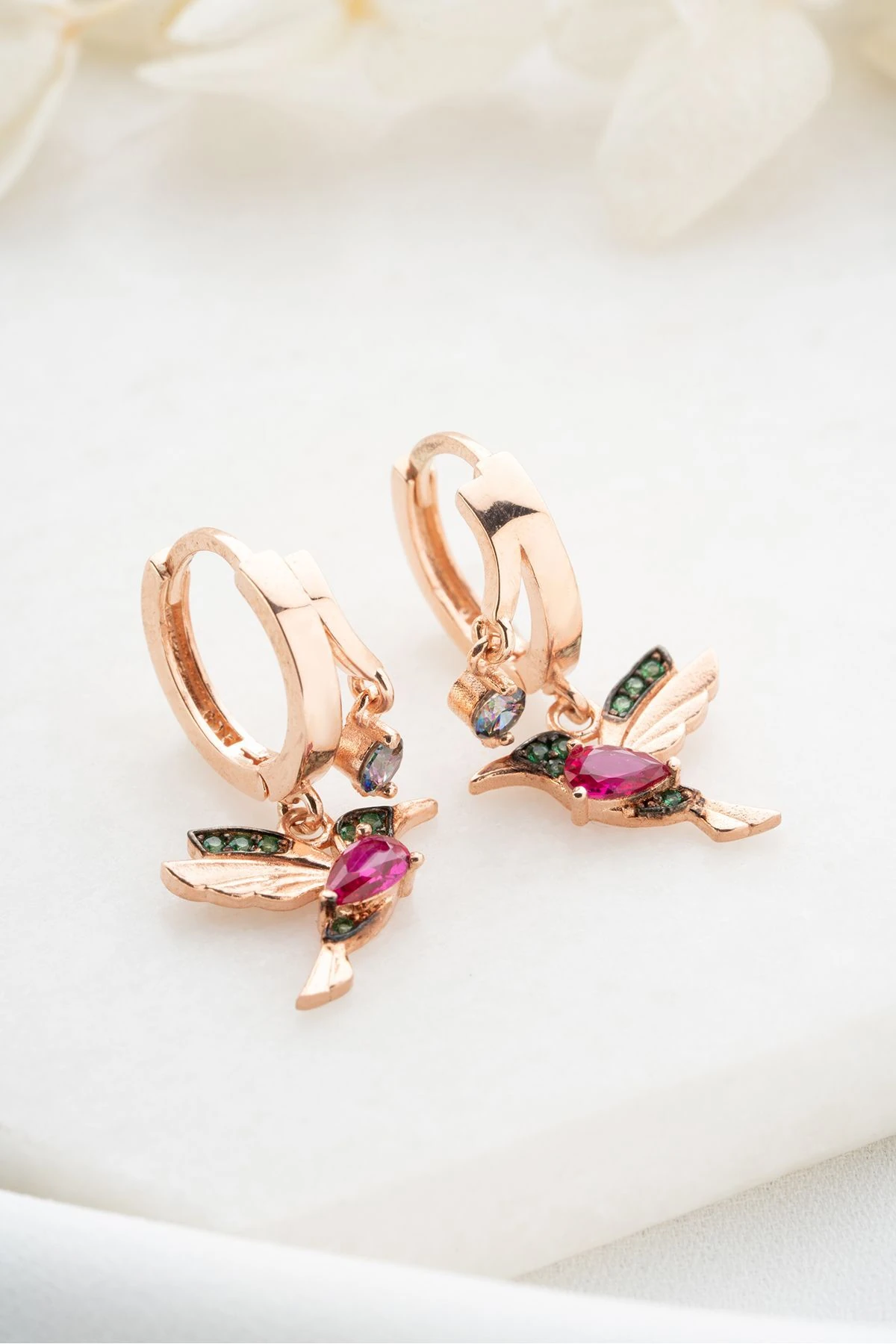 14 Ayar Altın Kaplama Arı Kuşu Gümüş Küpe