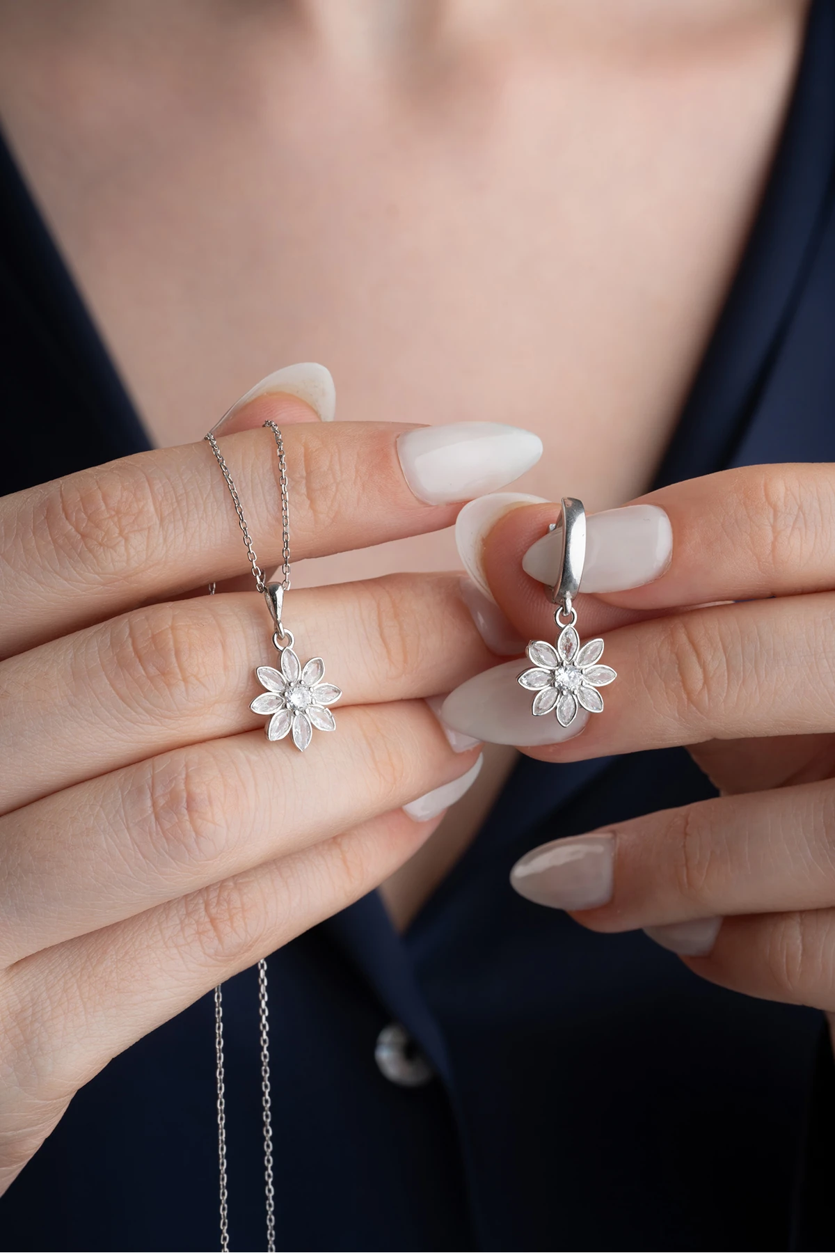 Lotus Çiçeği Gümüş Kolye-Küpe Takı Seti