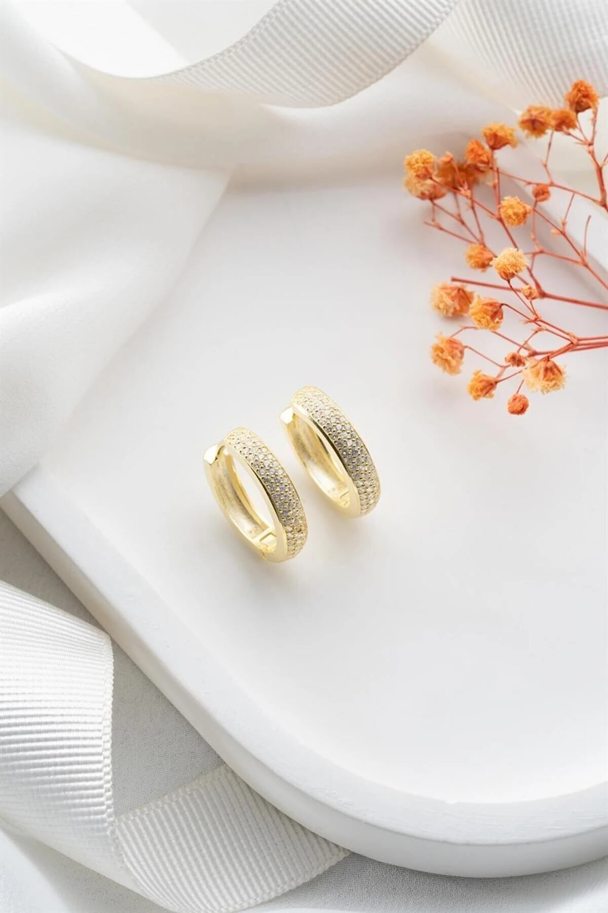 Altın Kaplama Taşlı Halka Küpe