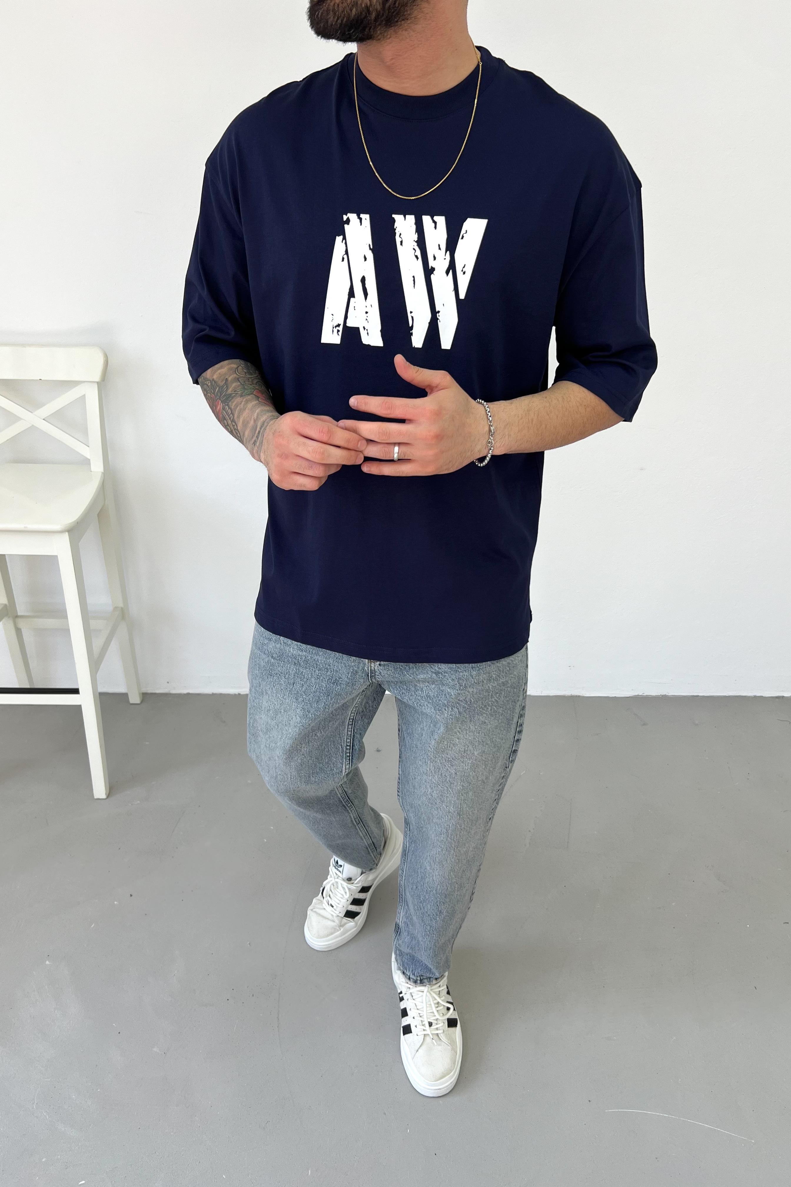 AW Baskılı Oversize Tshirt 2510 - Lacivert