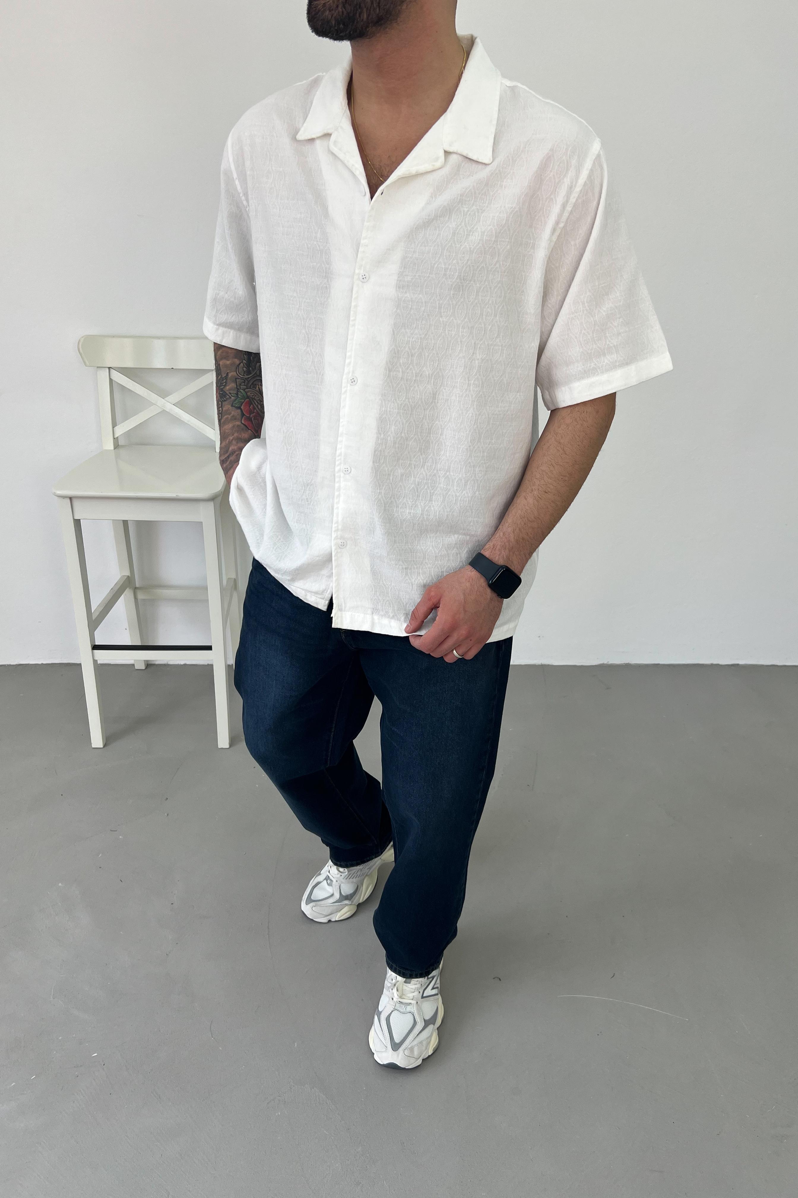 Oversize Basic Keten Gömlek 40-15 - Beyaz