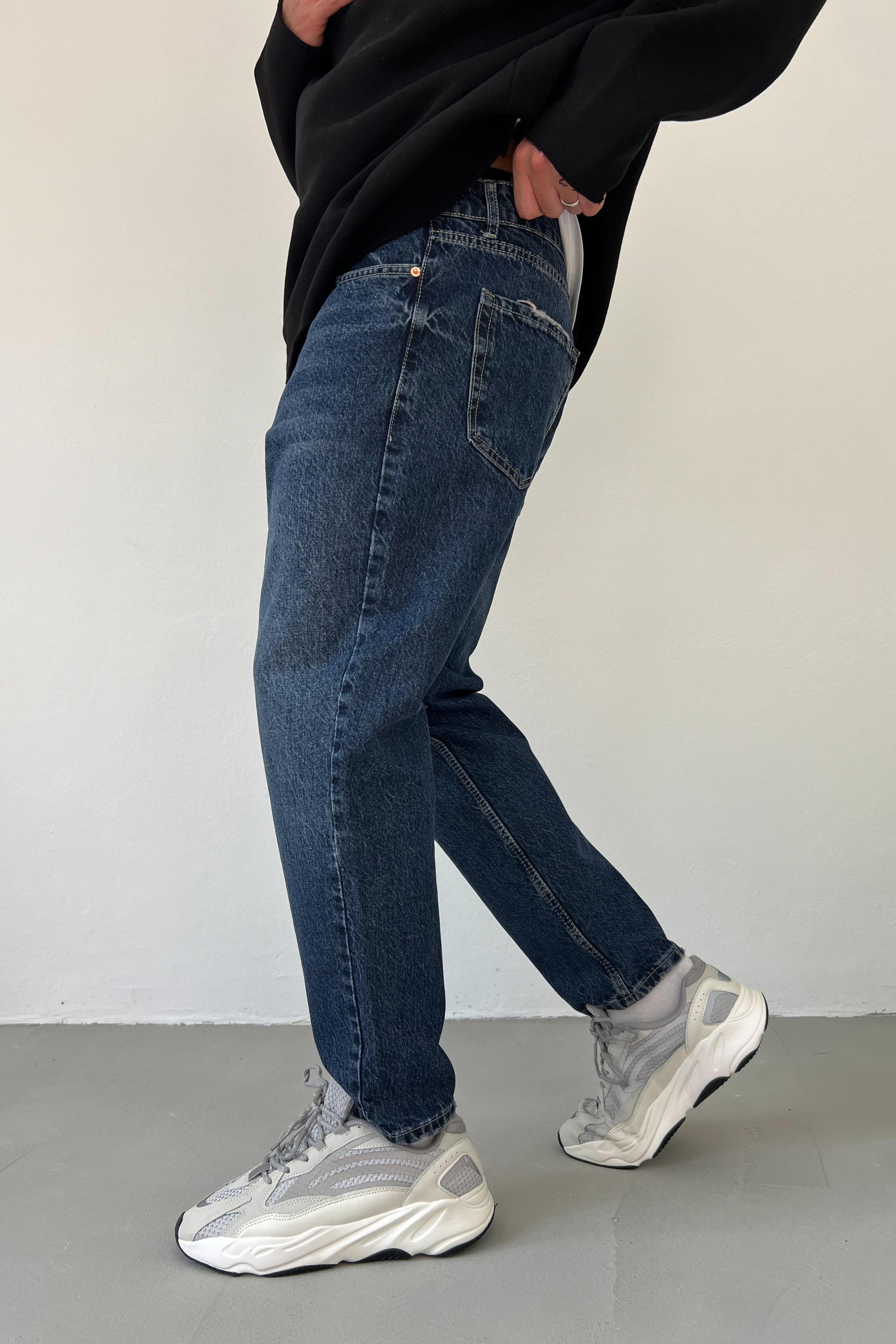 Taşlamalı Koyu Lacivert Boyfriend Pantolon 2797-1