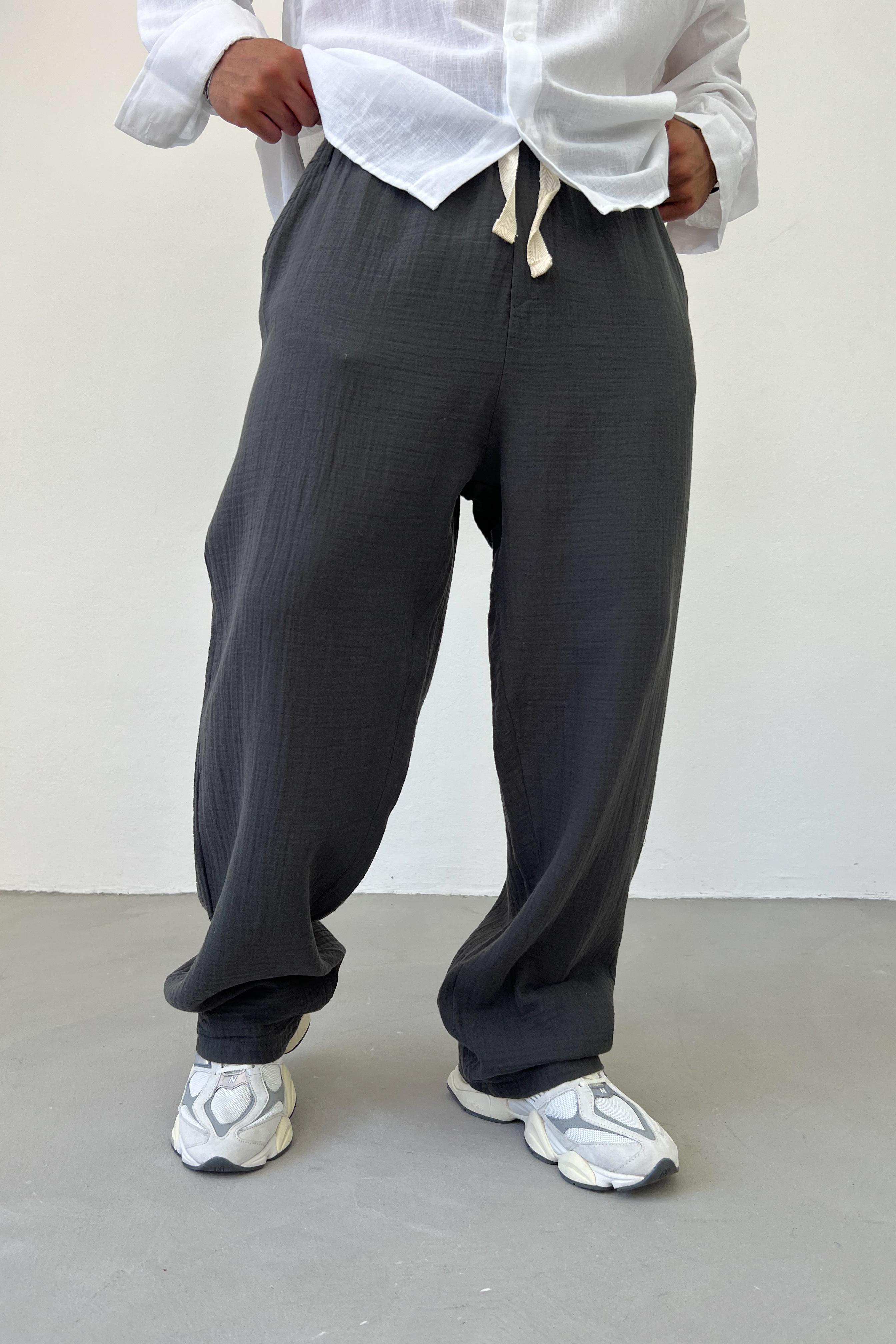 Müslin Kumaş Basic Baggy Pantolon E80-14 - Füme