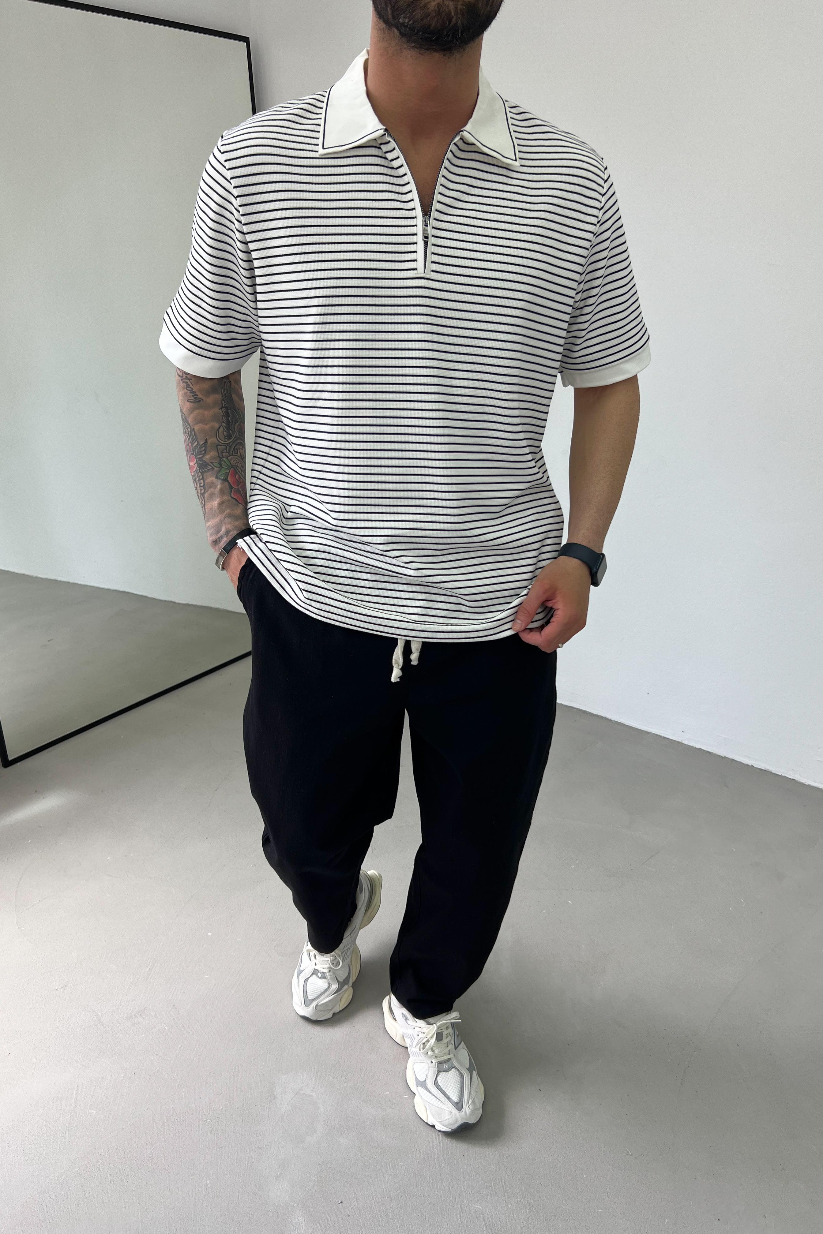 Çizgili Waffle Kumaş Polo Yaka Tshirt 1033 - Beyaz