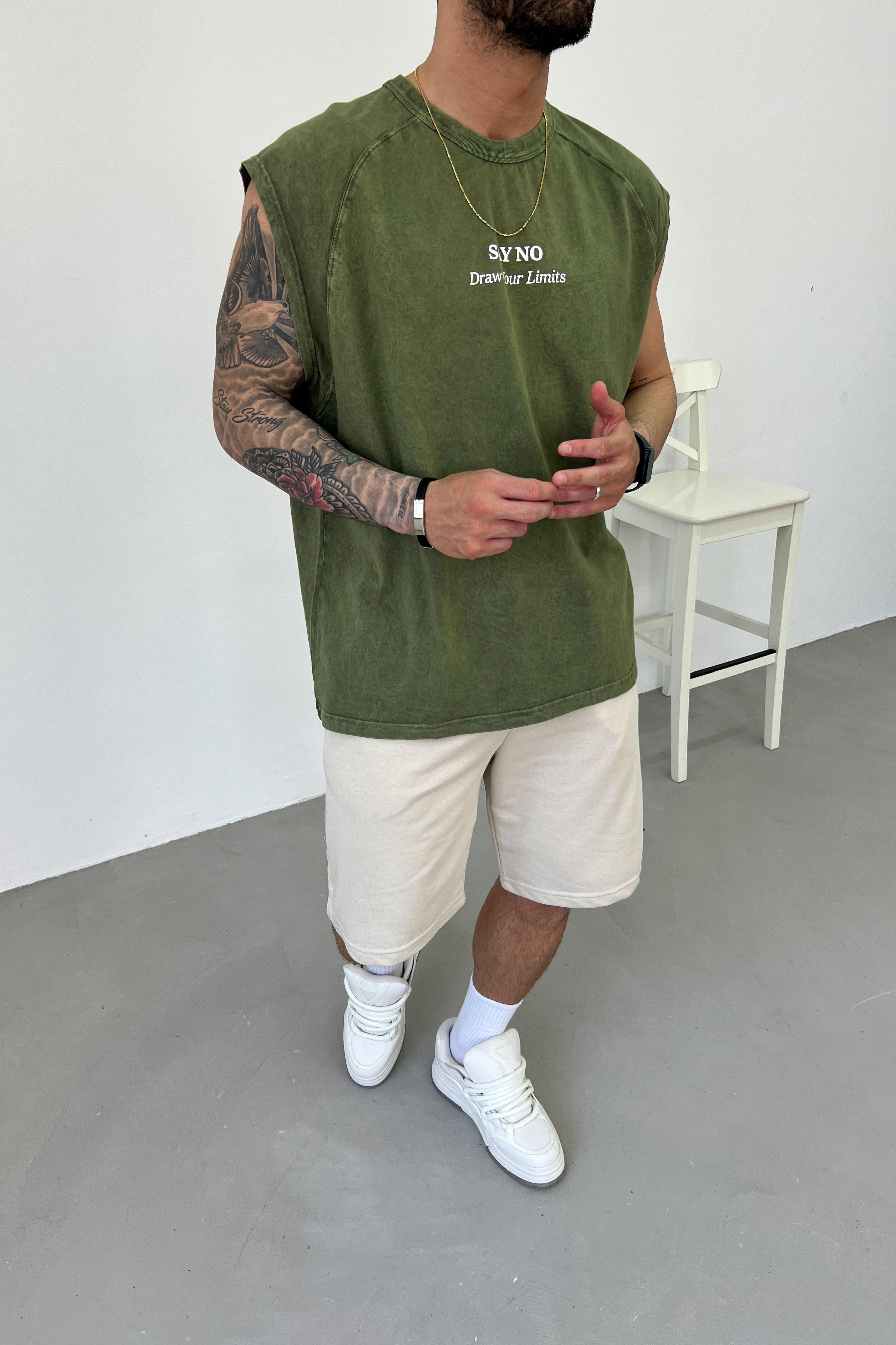 Say No Baskılı Yıkamalı Kolsuz Oversize Tshirt 25Y278 - Haki