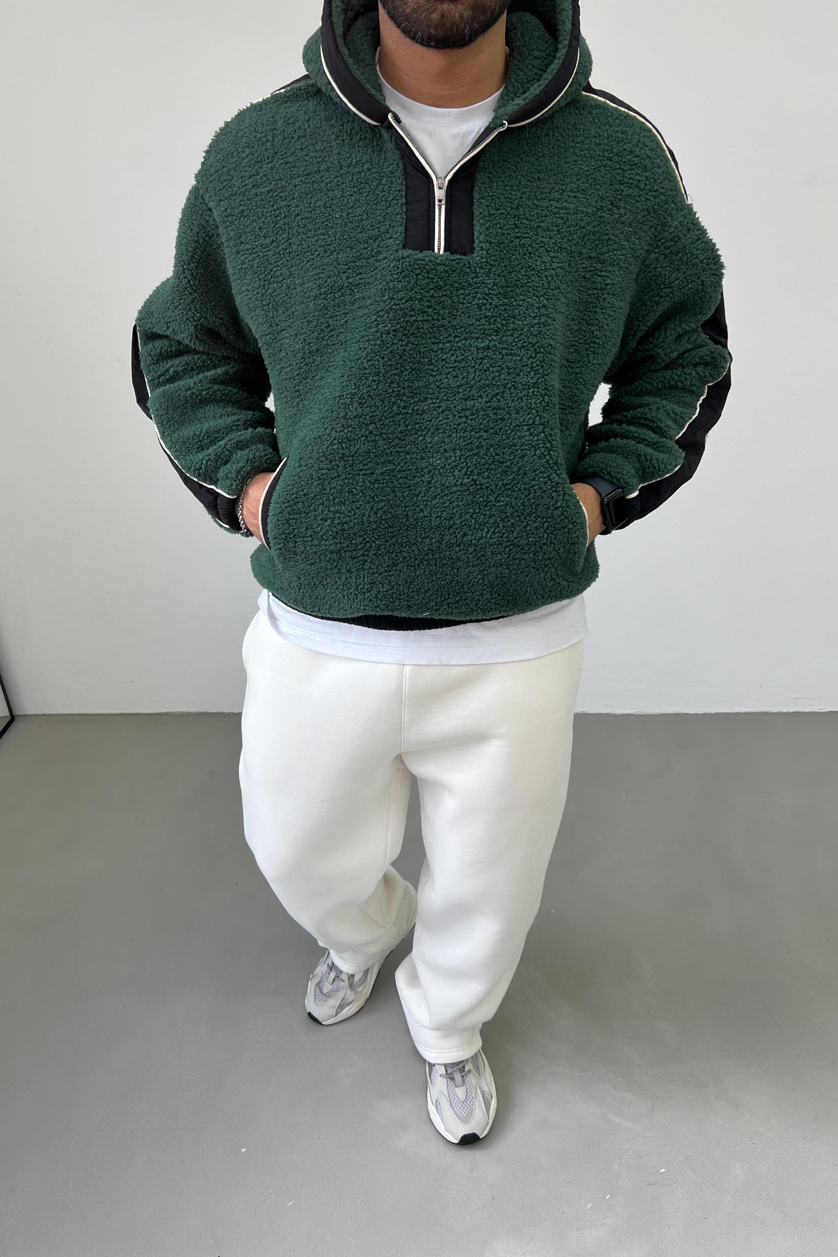Yakası Fermuarlı Oversize Yeşil Peluş Sweatshirt 1631