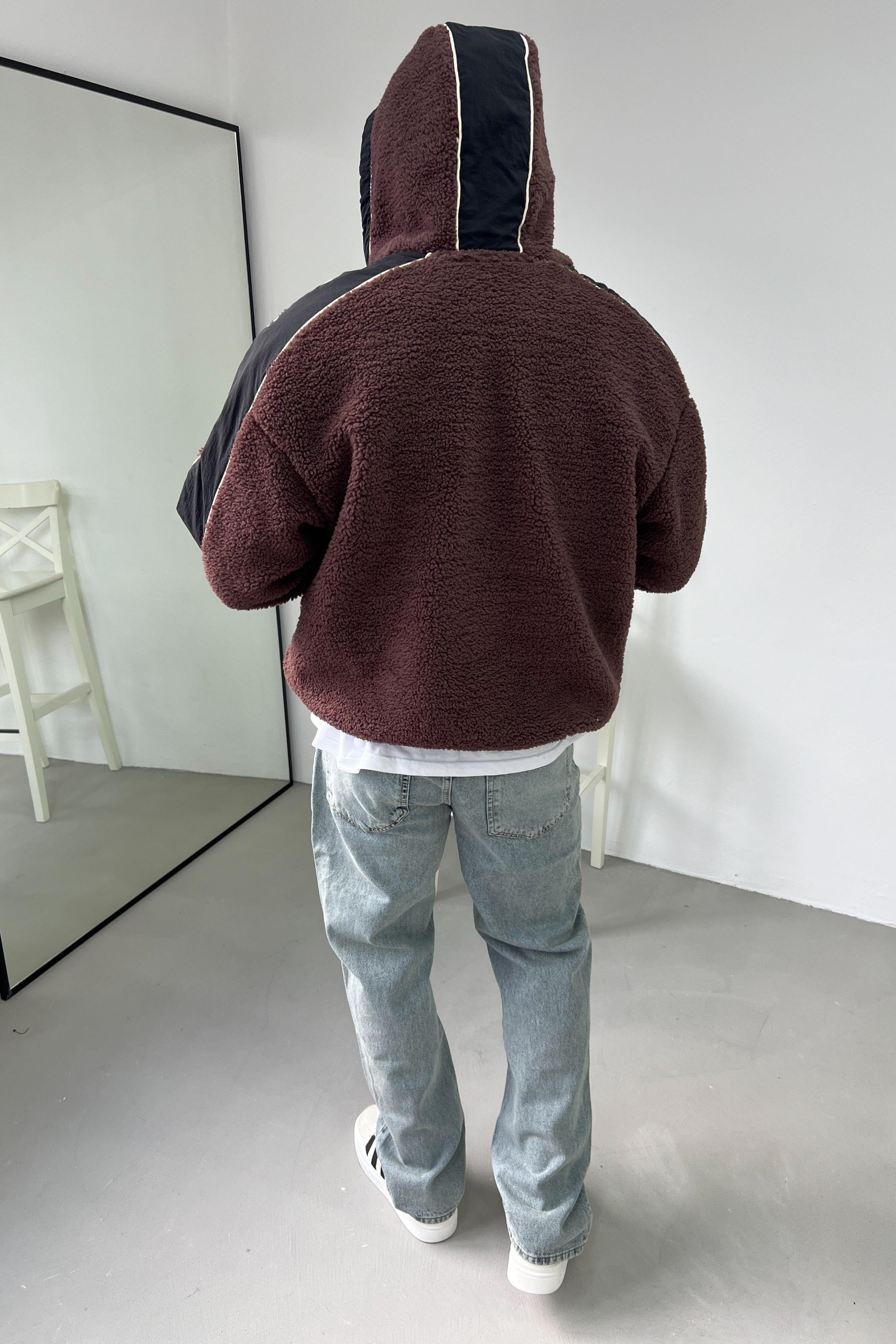 Yakası Fermuarlı Oversize Kahve Peluş Sweatshirt 1631