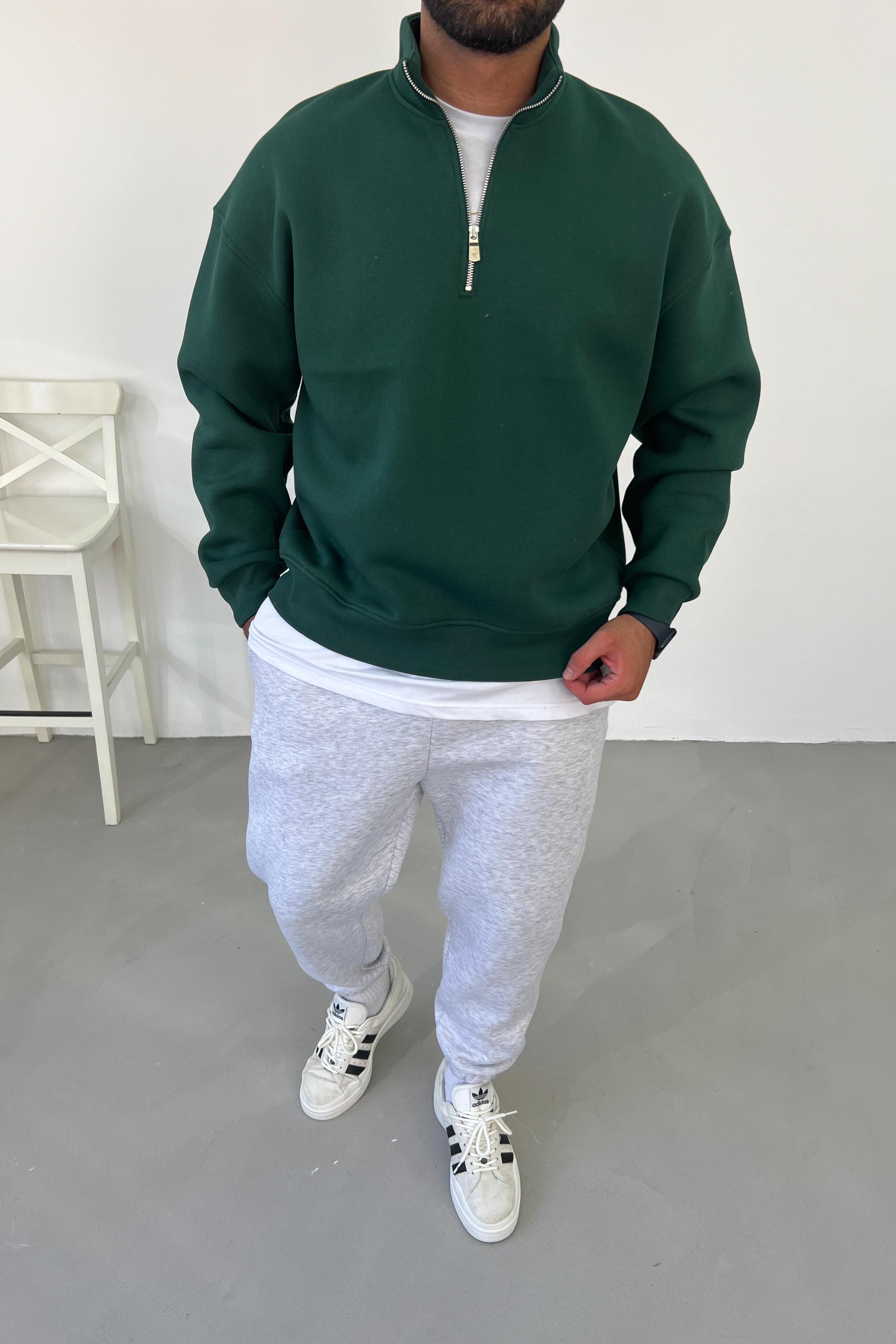 Yakası Fermuarlı Yeşil Oversize Sweatshirt 315
