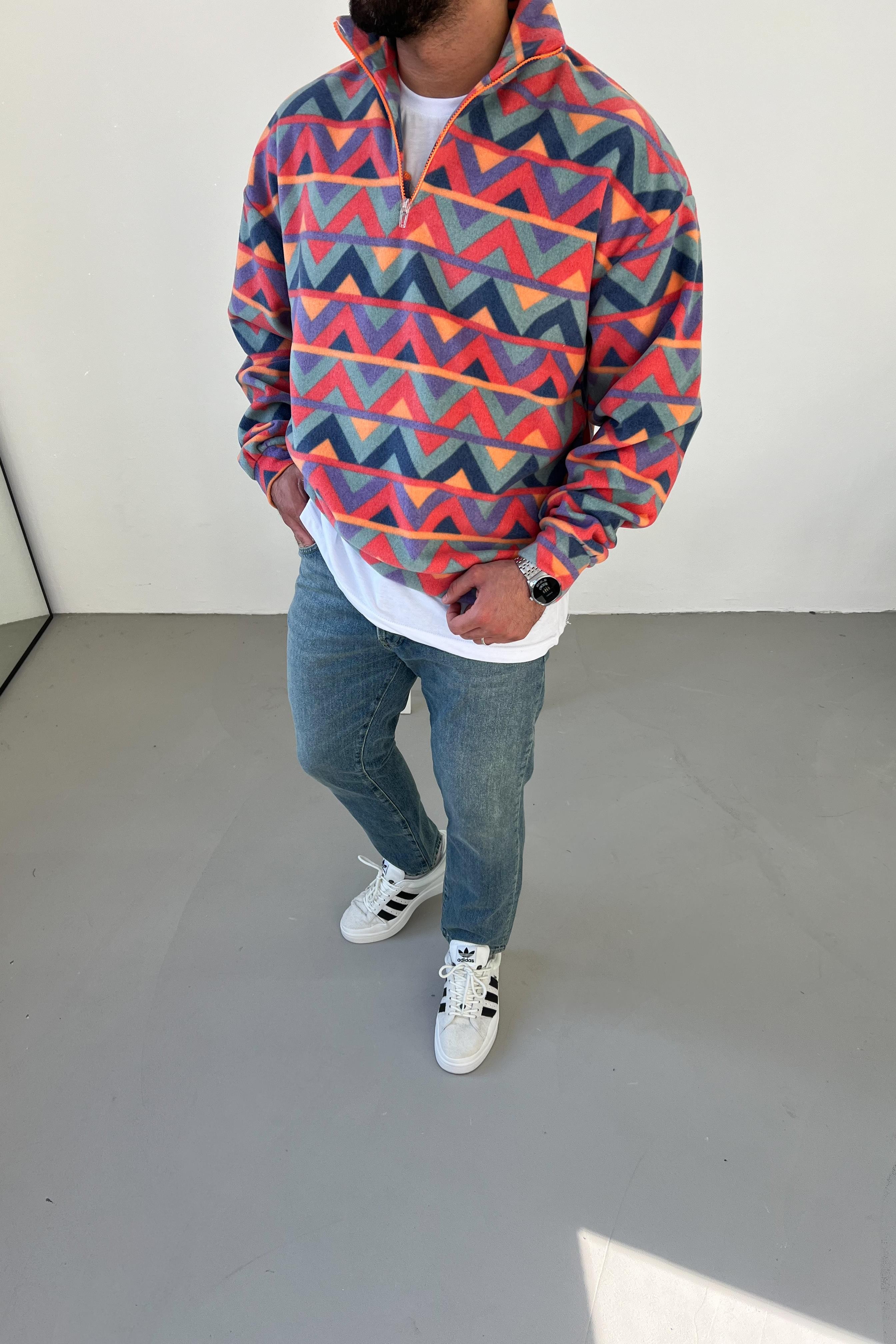 Geometrik Desenli Renkli Oversize Polar Sweatshirt 015