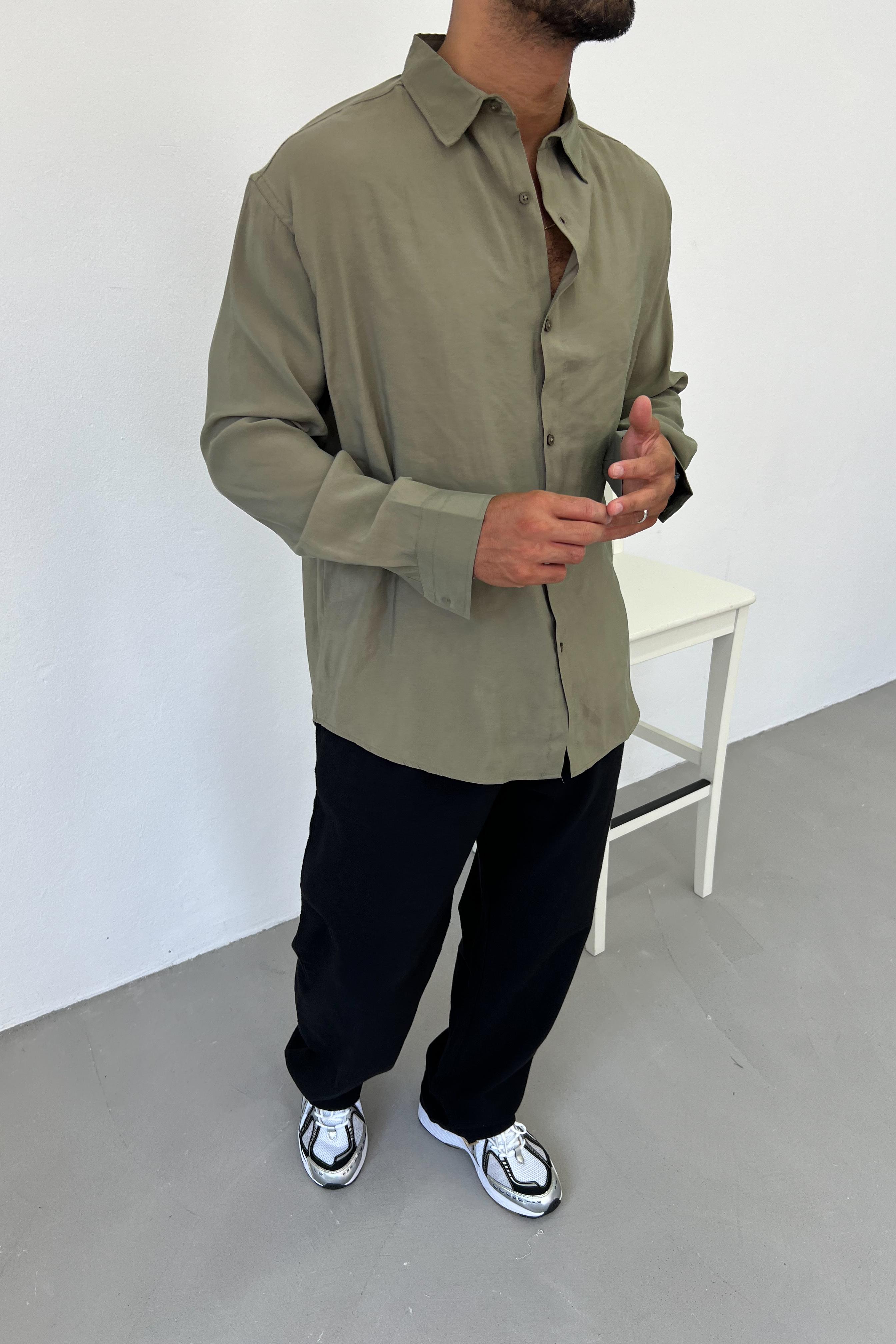 Tensel Kumaş Basic Oversize Gömlek 40-36 - Haki