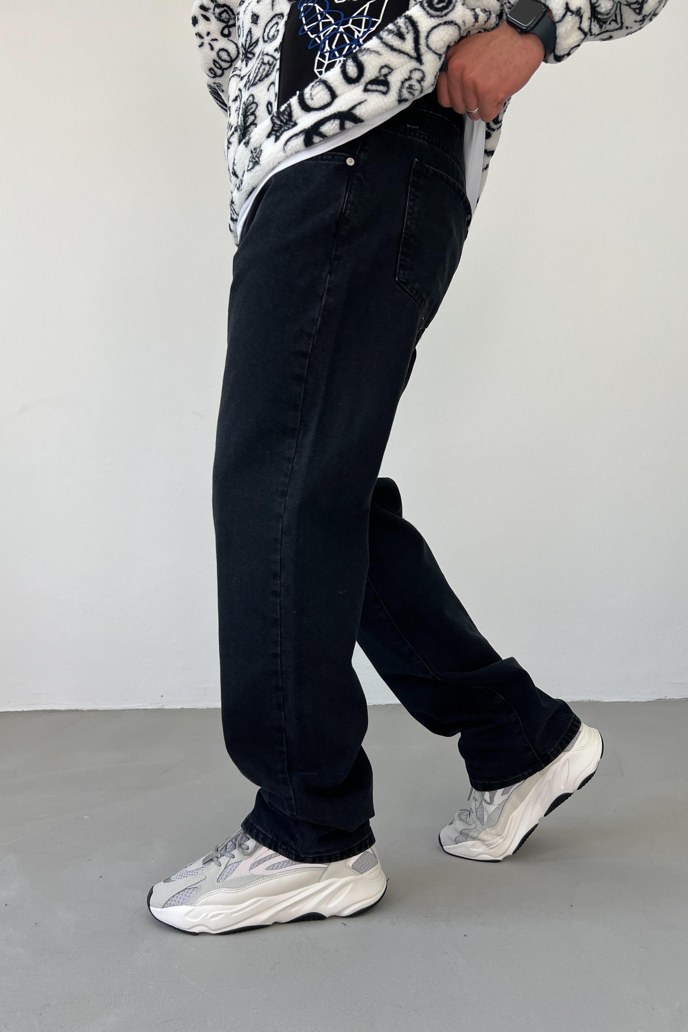 Yıkamalı Siyah Baggy Pantolon 16583-2