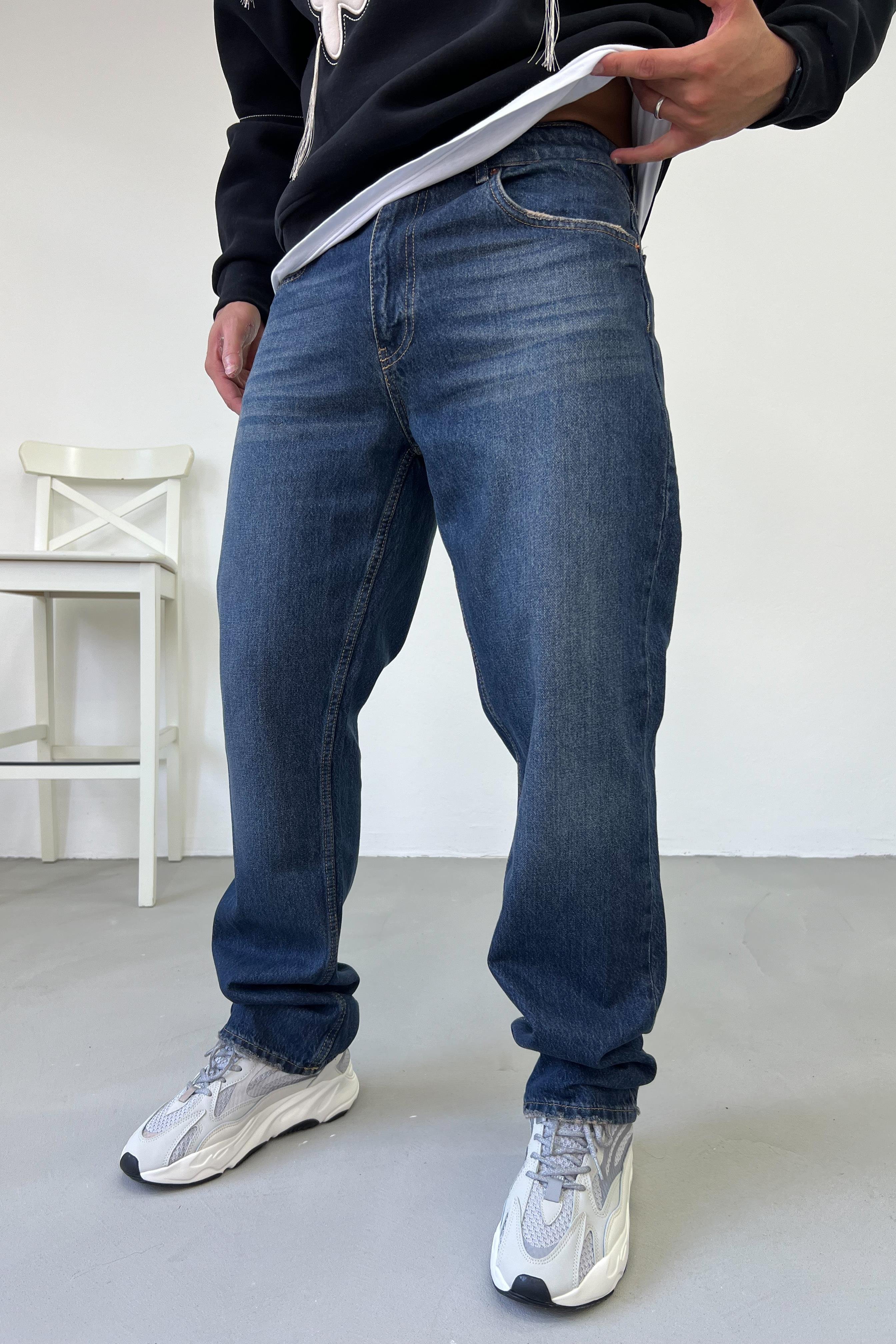 Taşlamalı Koyu Mavi Baggy Pantolon 16567-4