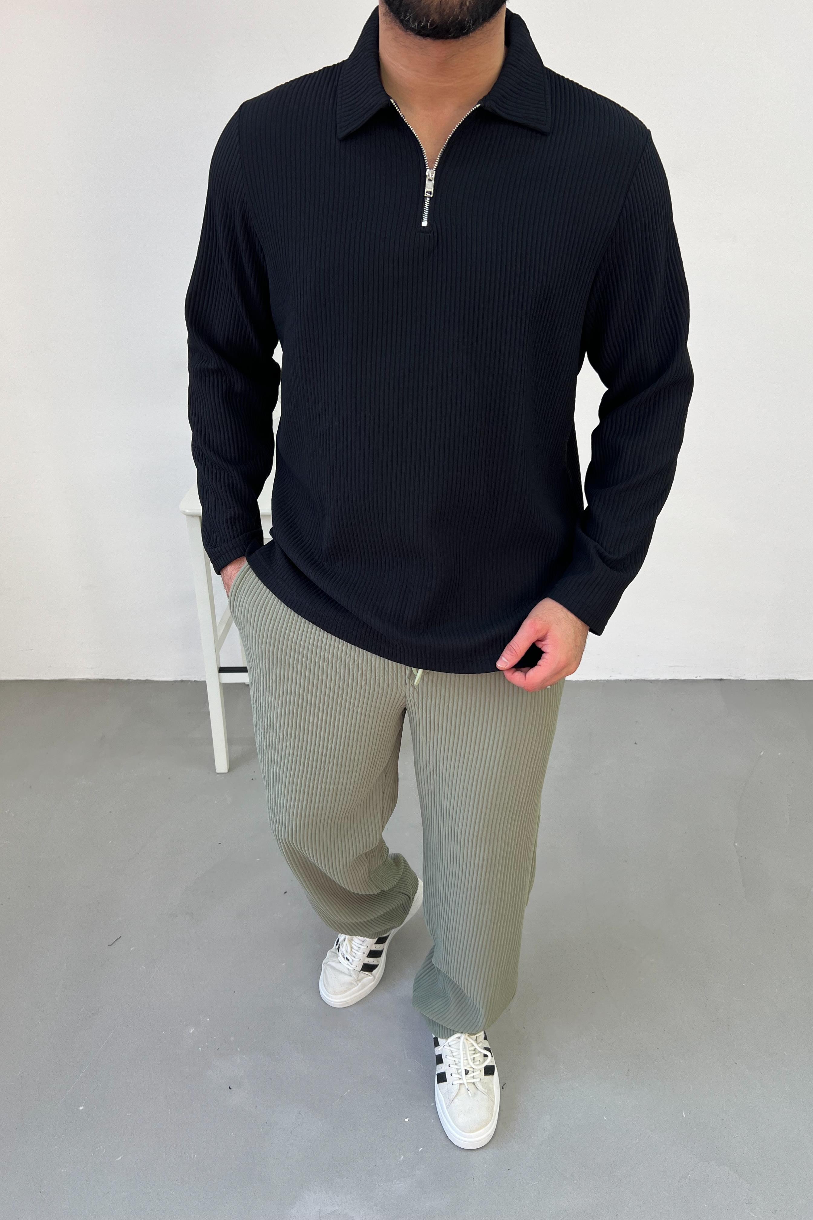Yakası Fermuarlı Fitilli Siyah Sweatshirt 1543