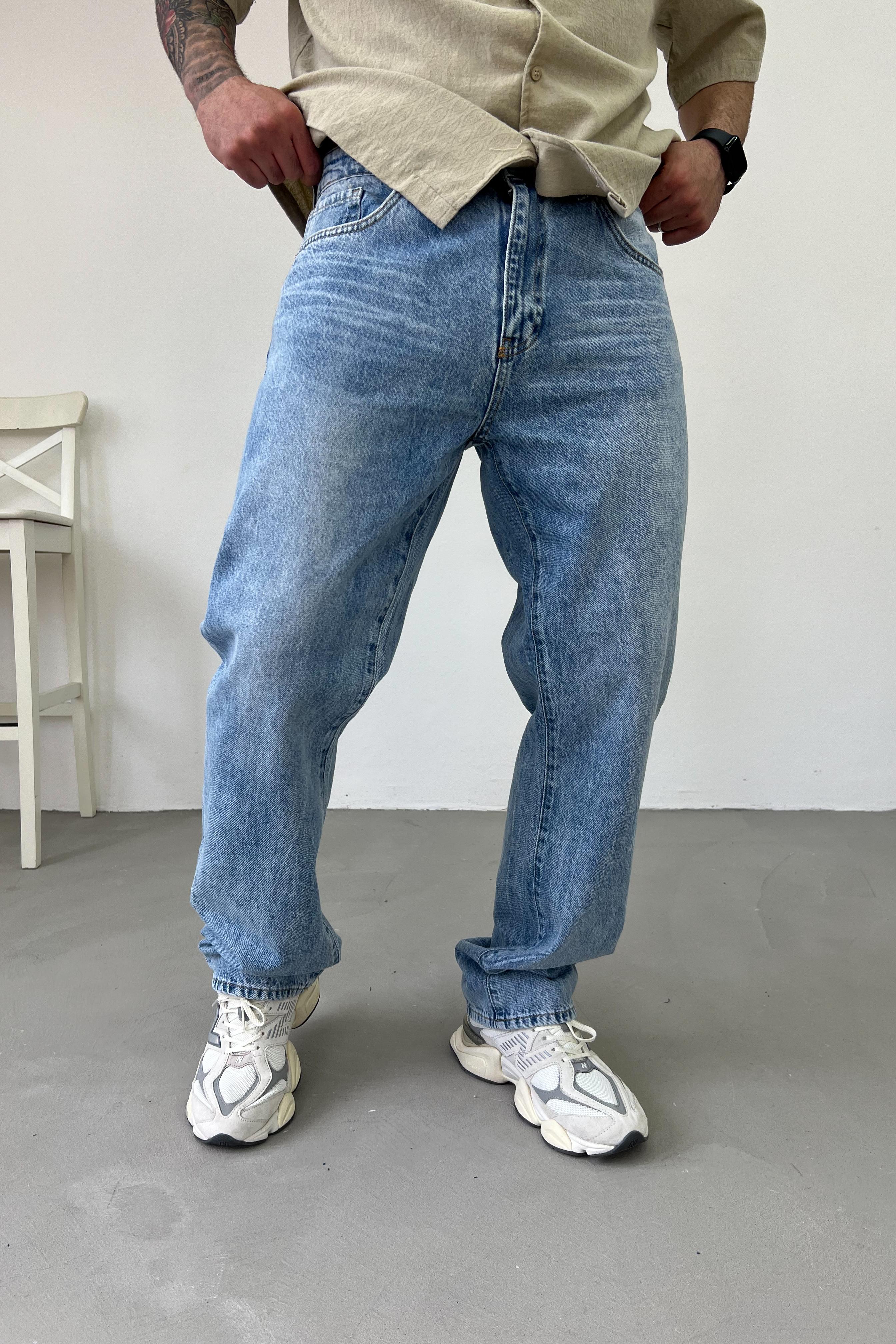 Taşlamalı Mavi Baggy Pantolon 16713-STD