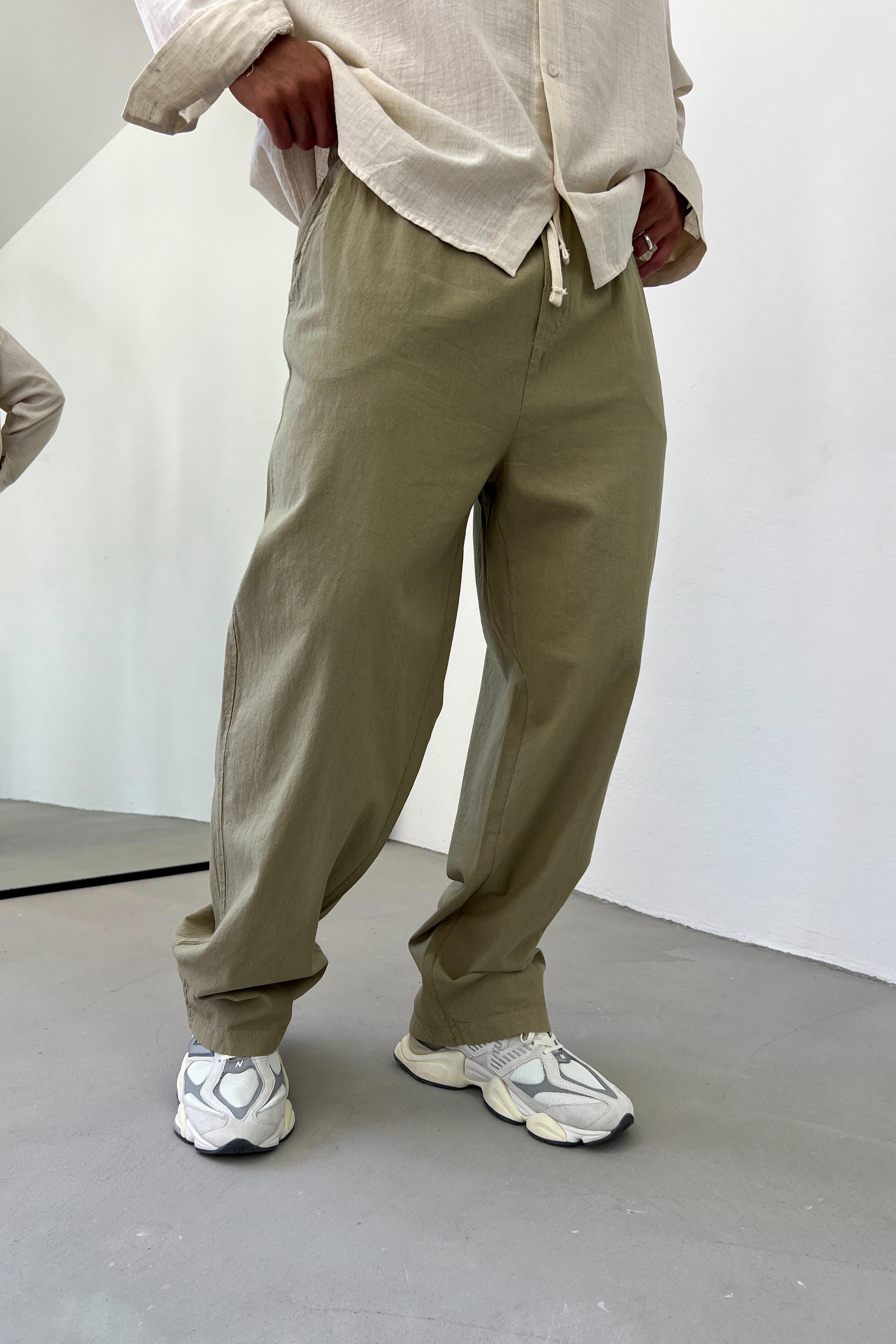 Basic Keten Baggy Pantolon E80-15 - Haki