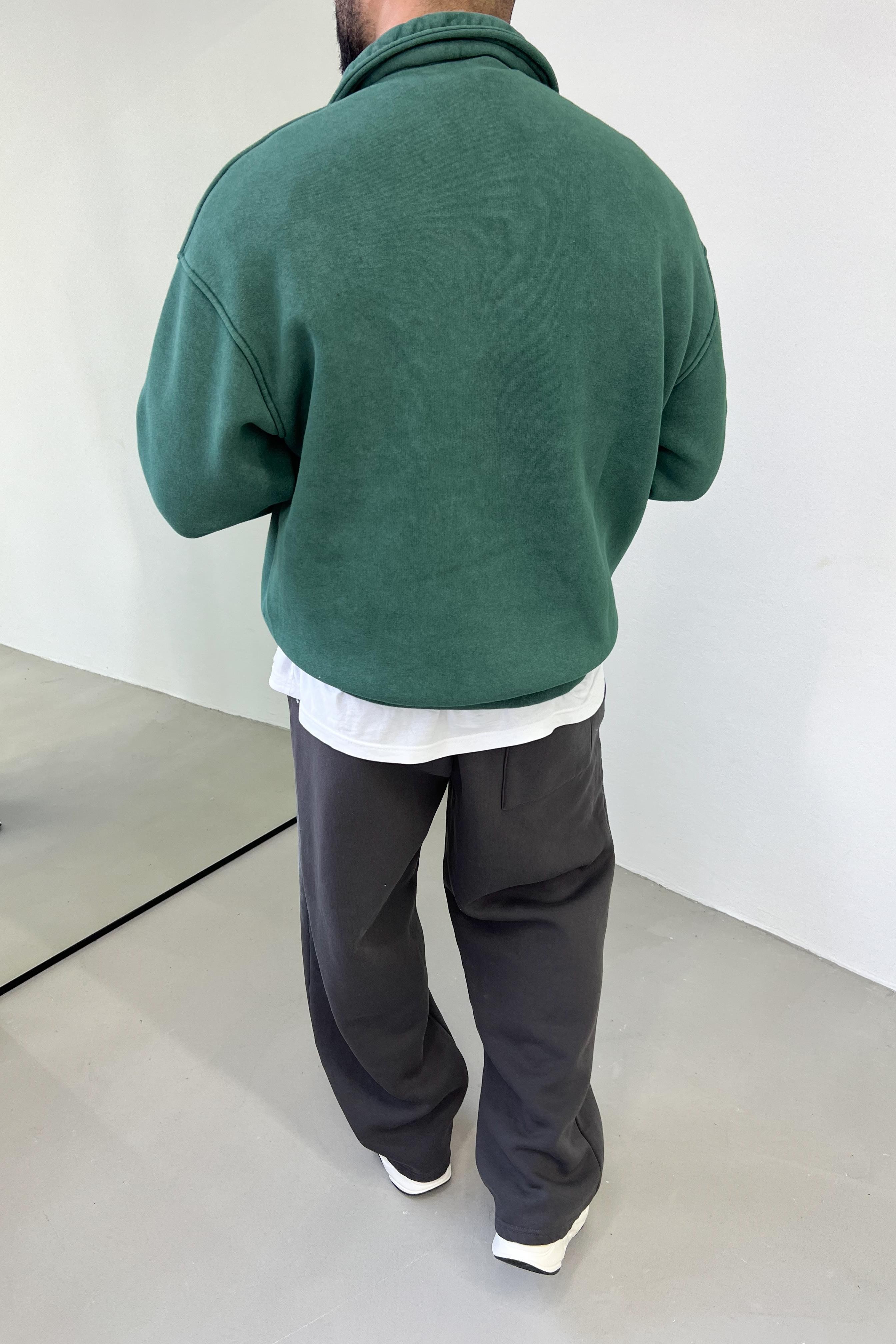Yakası Fermuarlı Yıkamalı Yeşil Oversize Sweatshirt 52