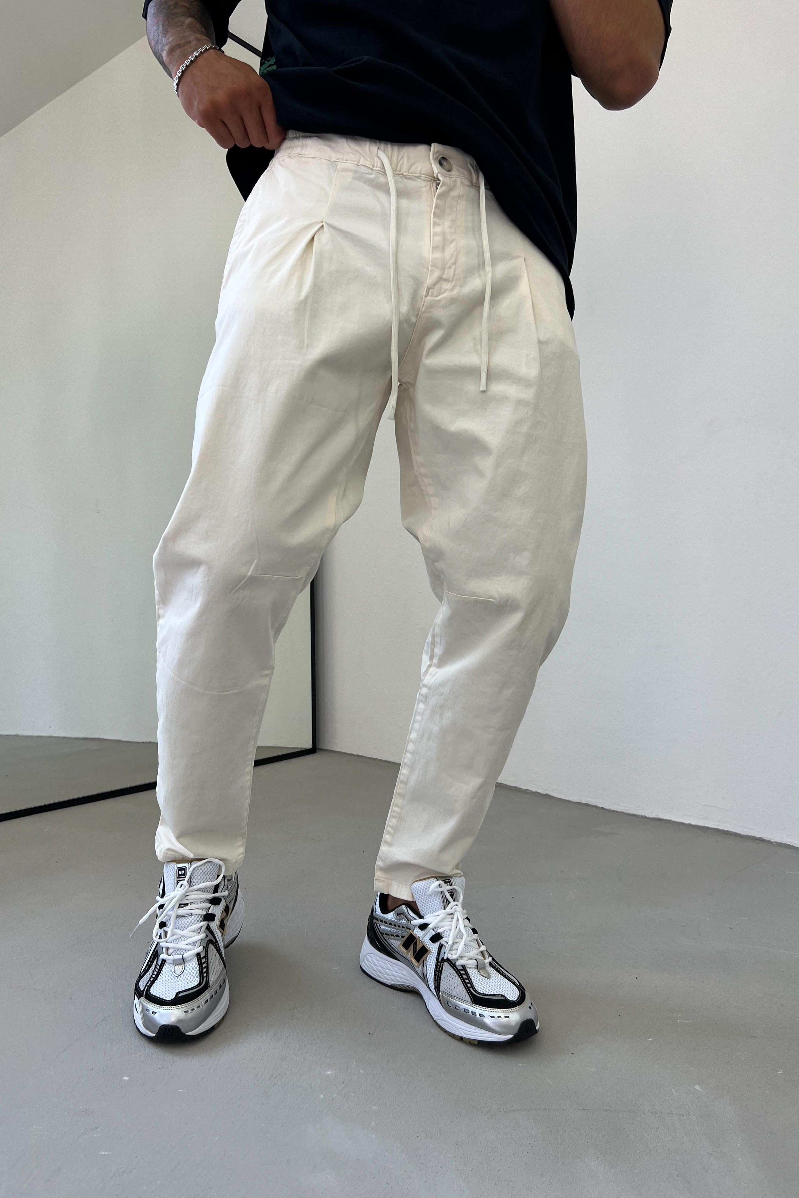 Beli Lastikli İpli Gabardin Krem Pantolon 2344