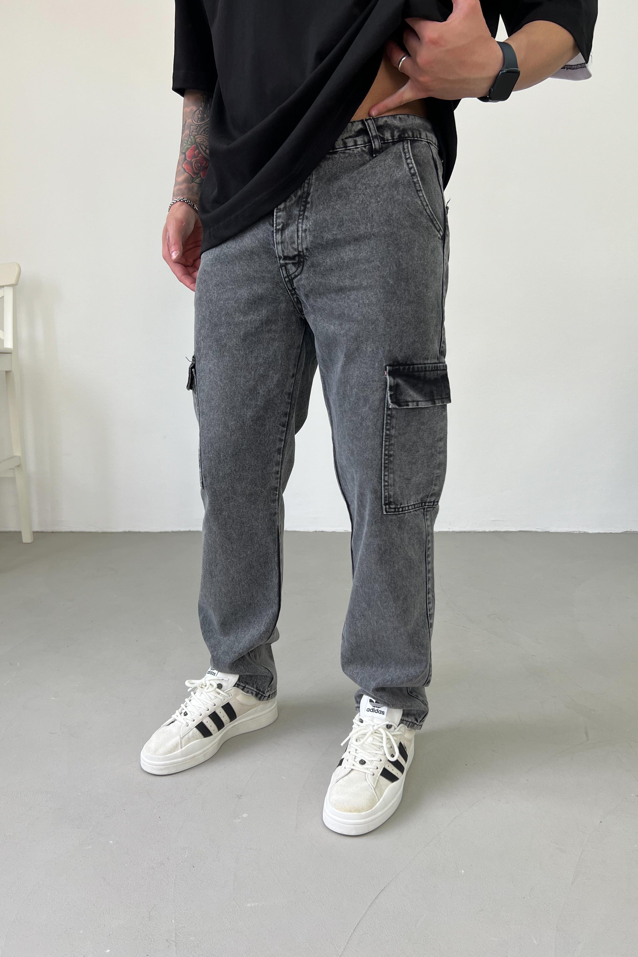 Gabardin Kumaş Antrasit Kargo Baggy Pantolon 2294