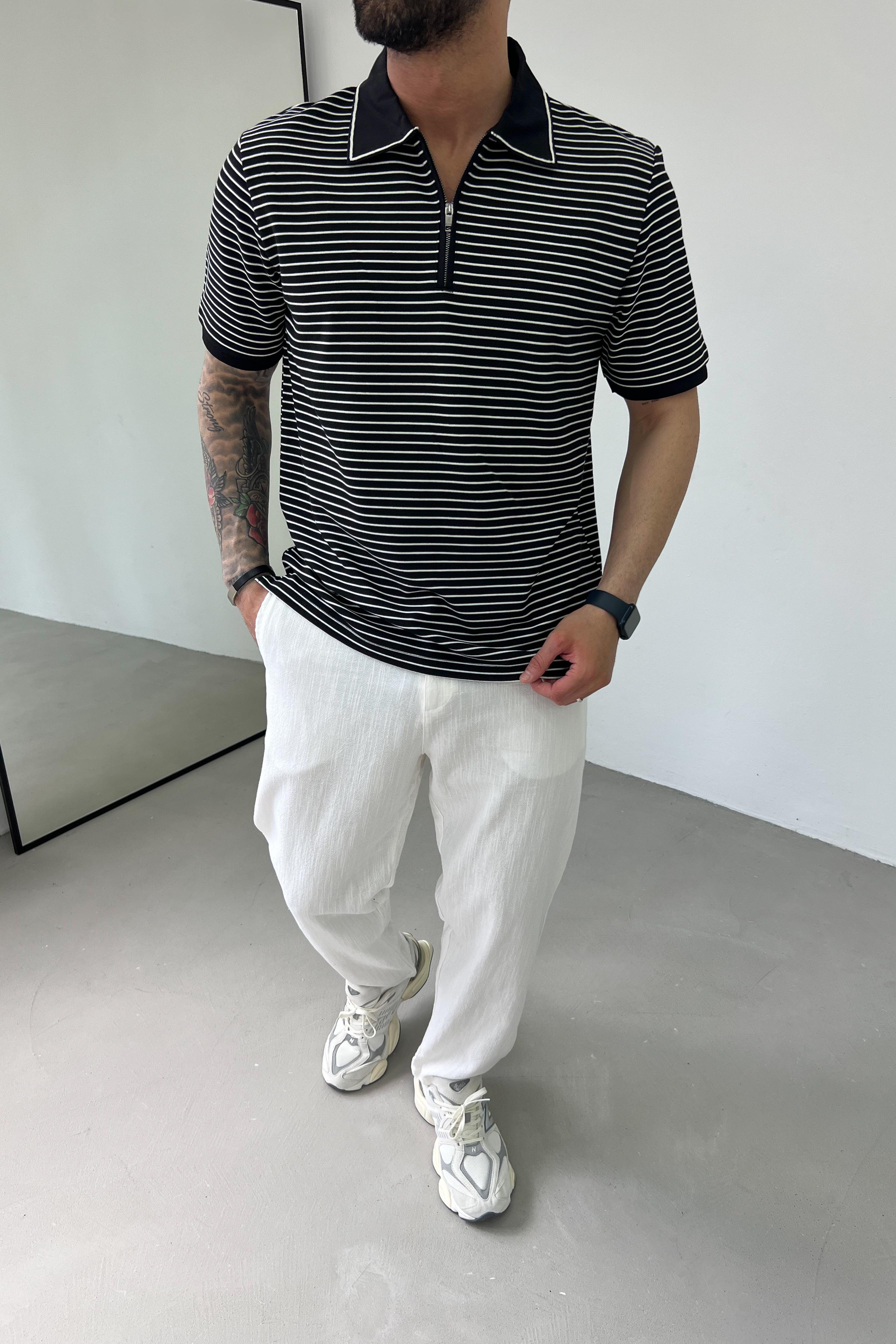 Çizgili Waffle Kumaş Polo Yaka Tshirt 1033 - Siyah