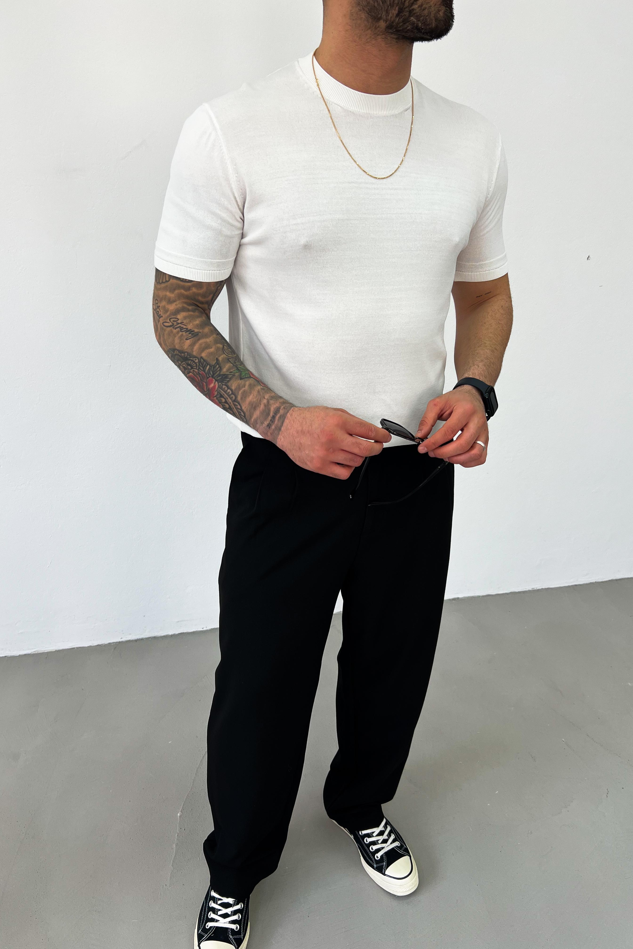 Örgü Desenli Bisiklet Yaka Triko Tshirt 6003