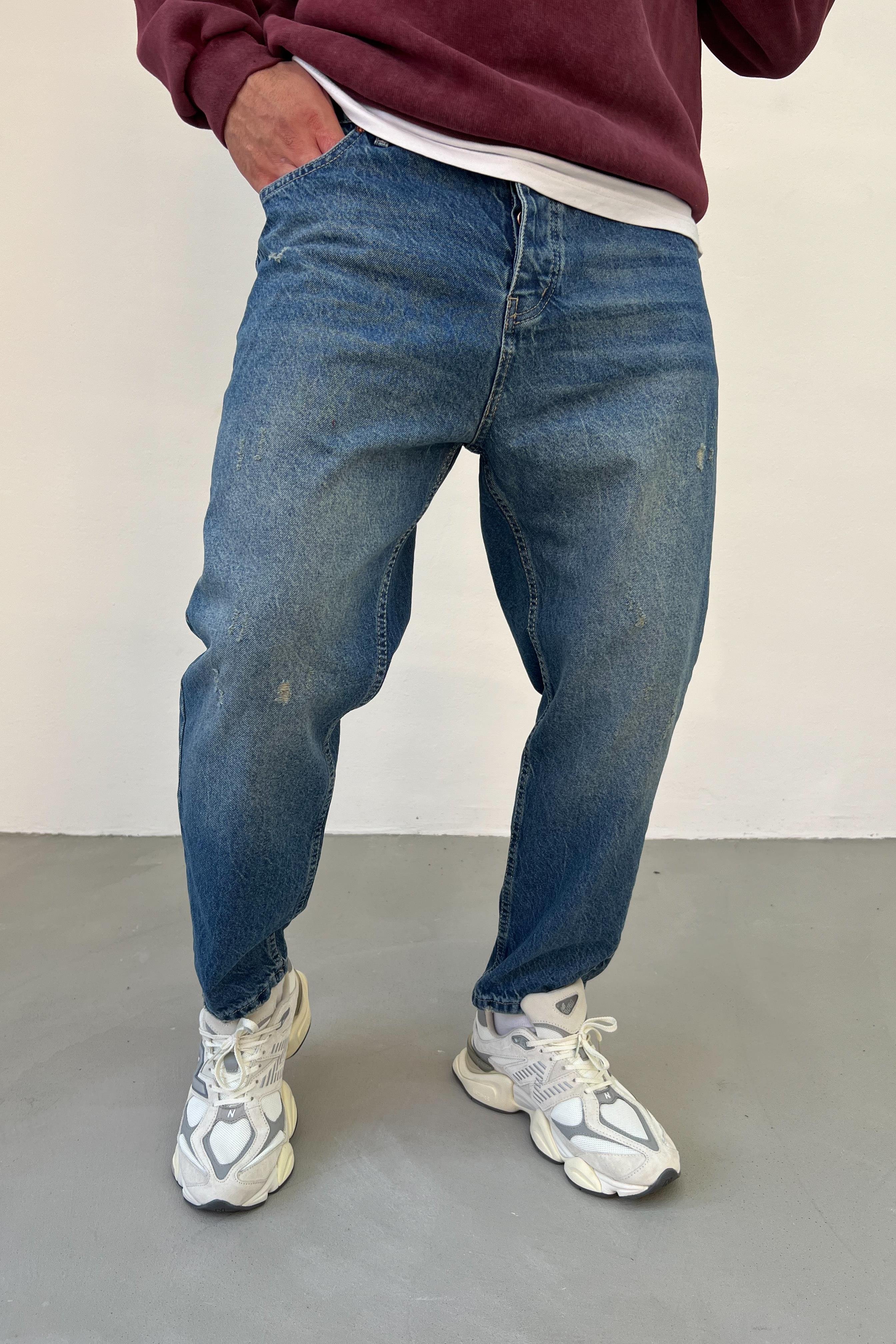 Taşlamalı Eskitme Mavi Boyfriend Pantolon 2706-1