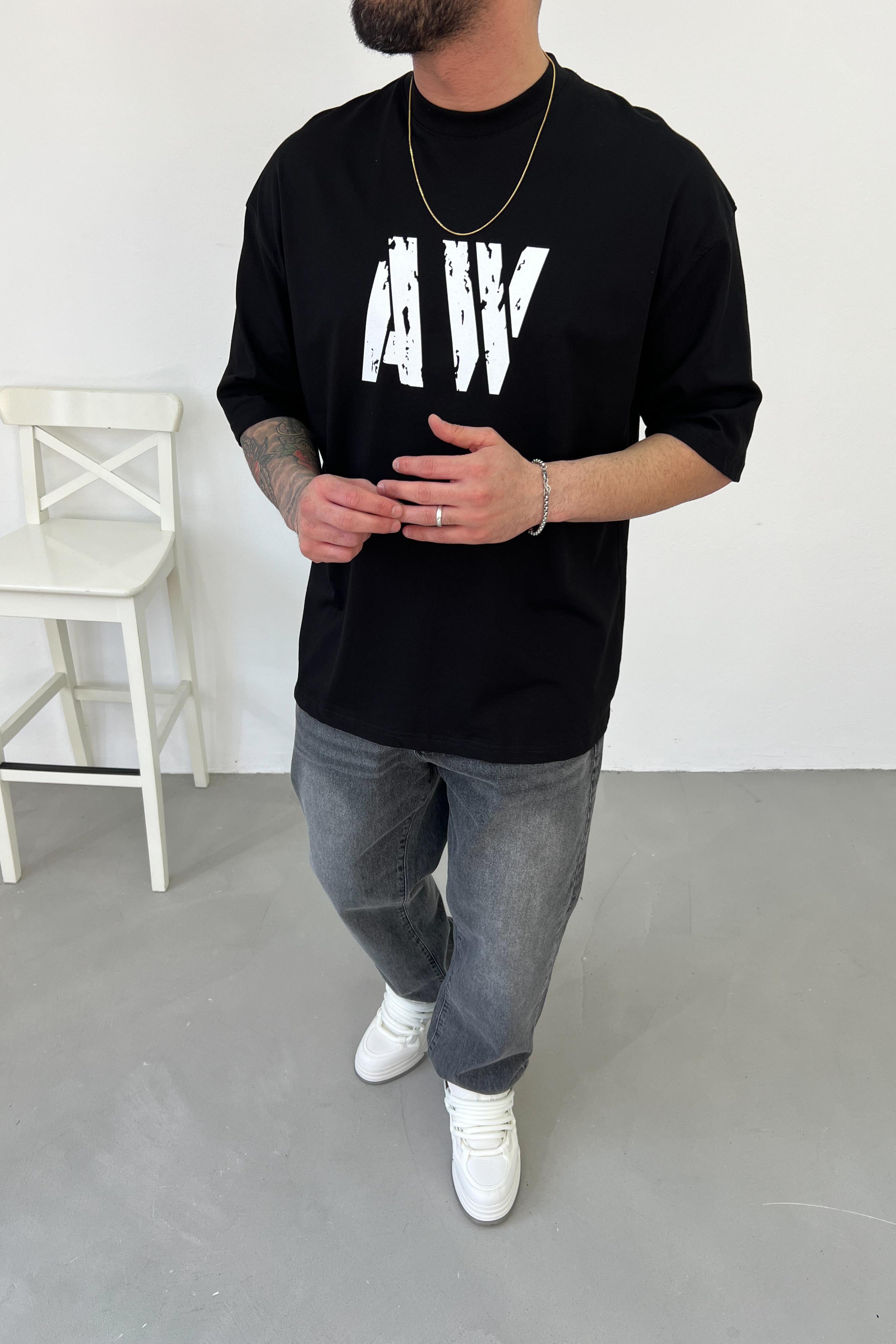 AW Baskılı Oversize Tshirt 2510 - Siyah