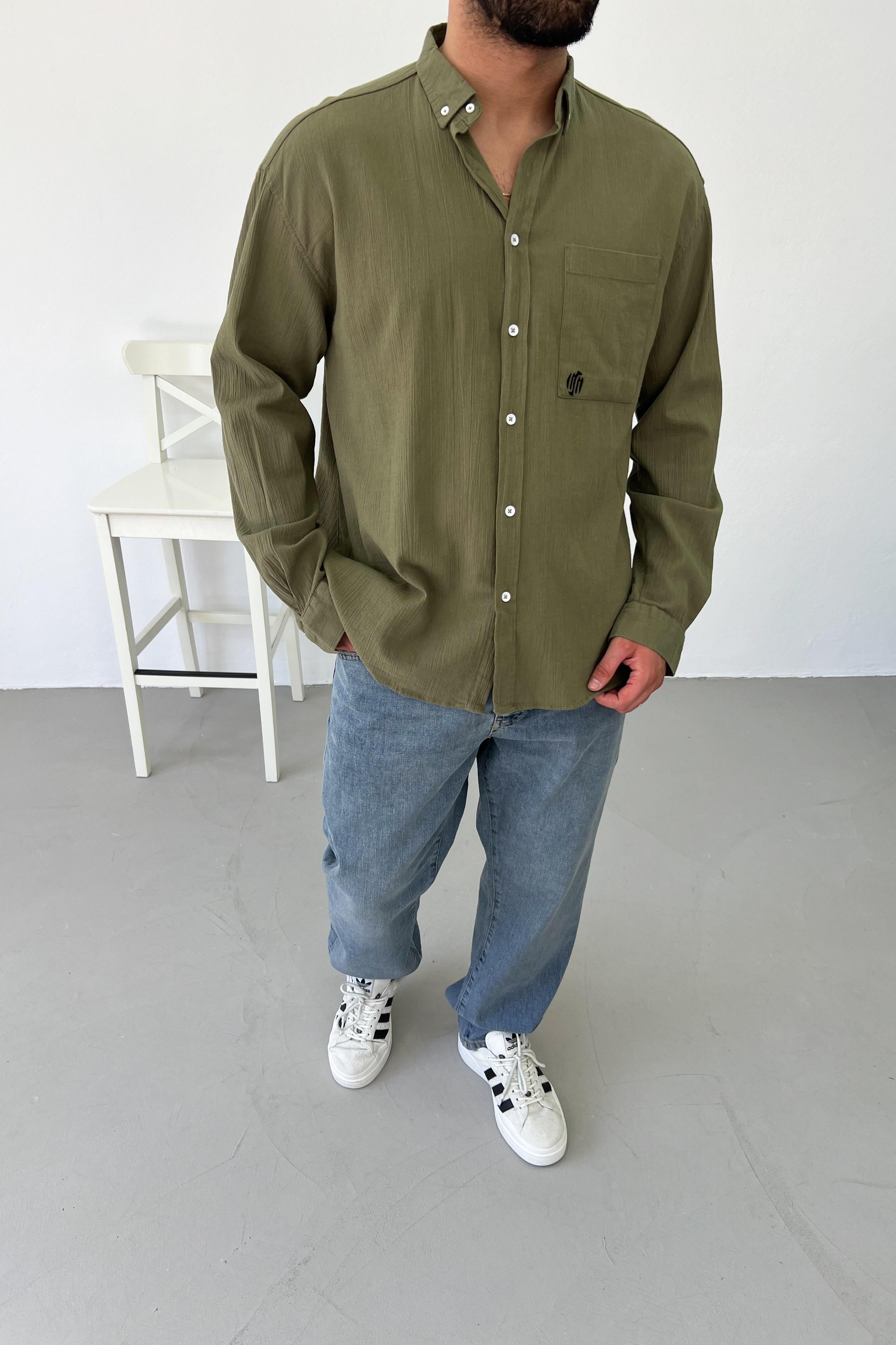 Krinkıl Kumaş Haki Oversize Gömlek 4895Y