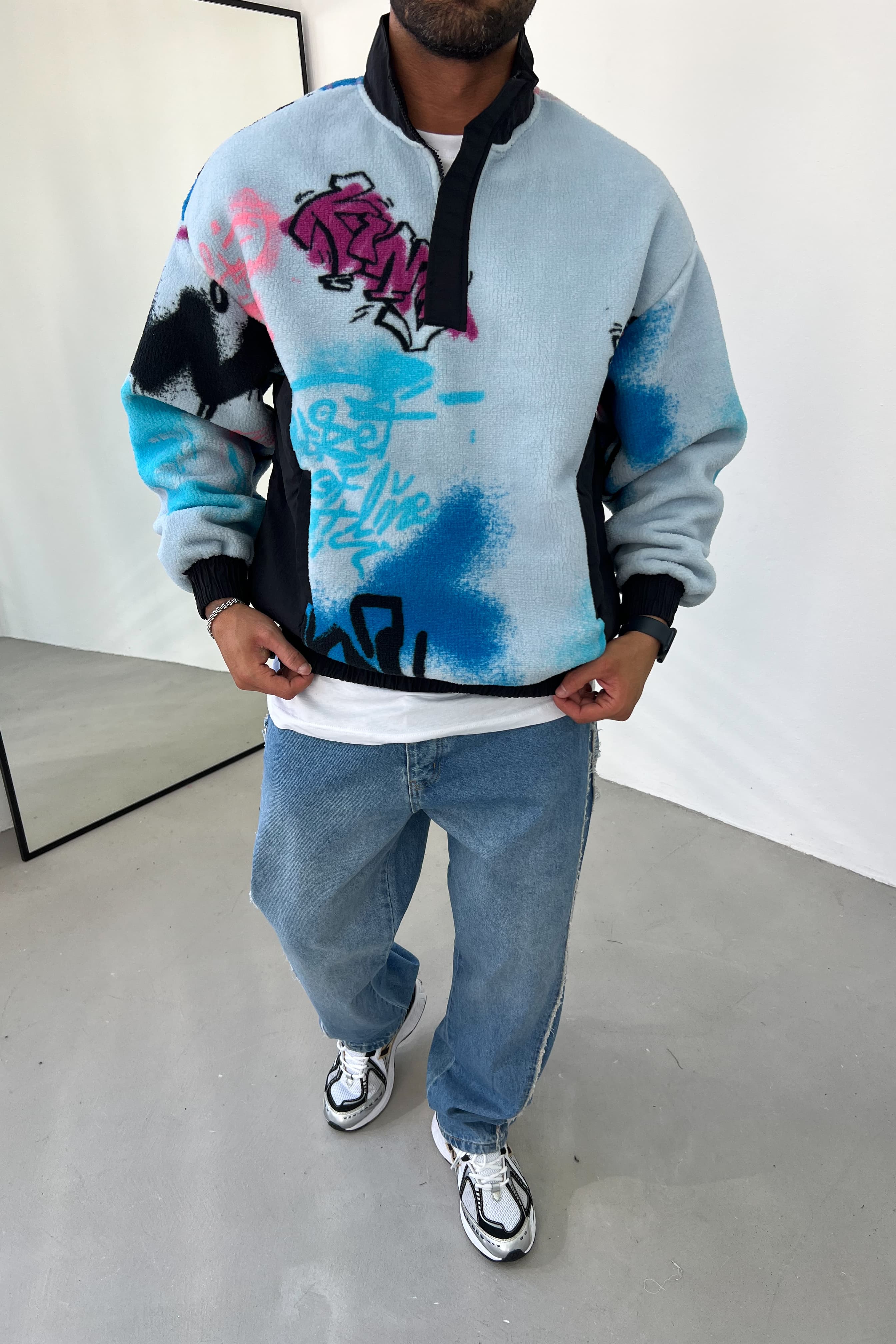 Dokuma Garnili Oversize Peluş Sweatshirt 7060 - Mavi