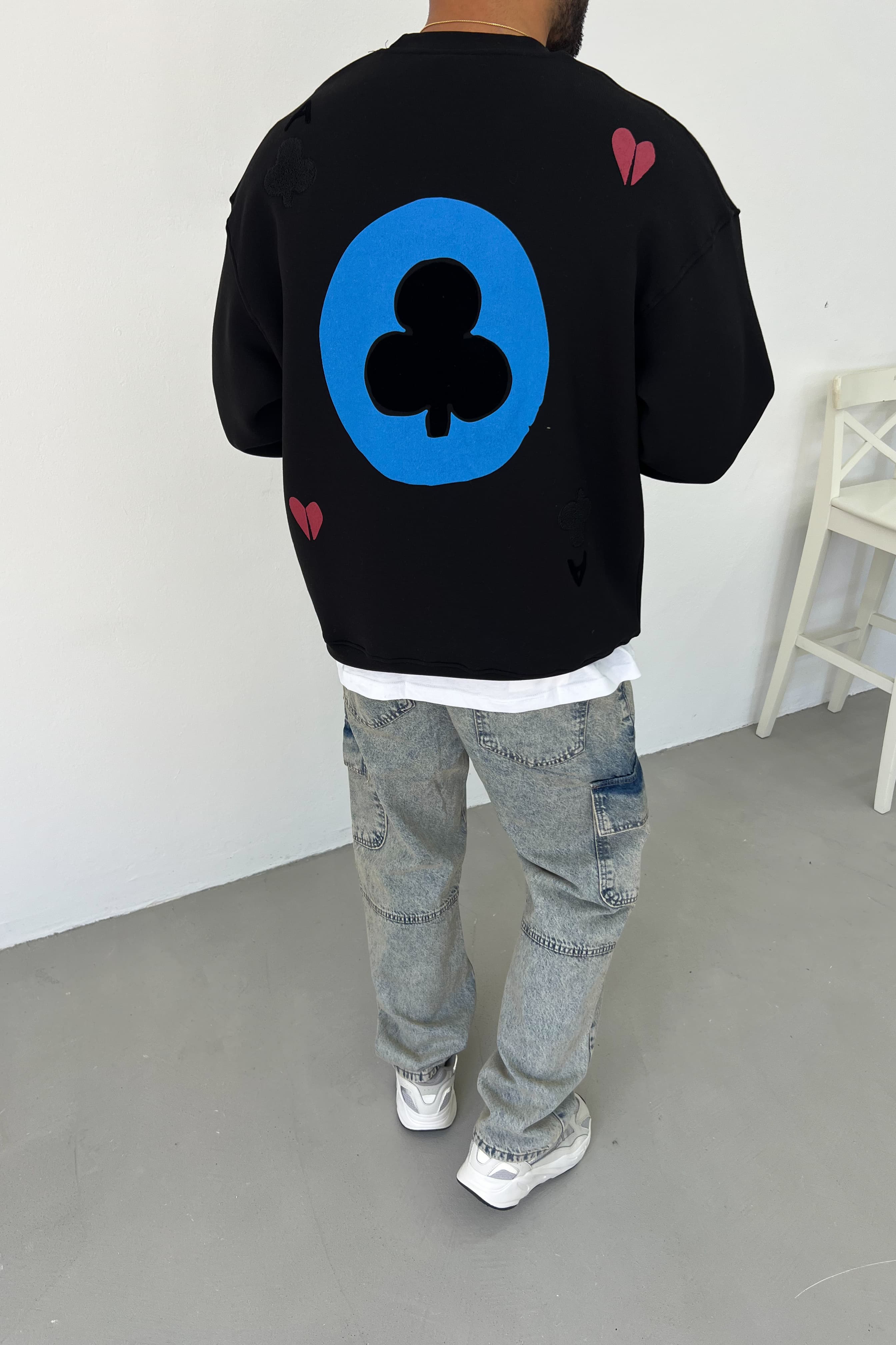 Lucky Flok Baskılı Oversize Sweatshirt 7055 - Siyah