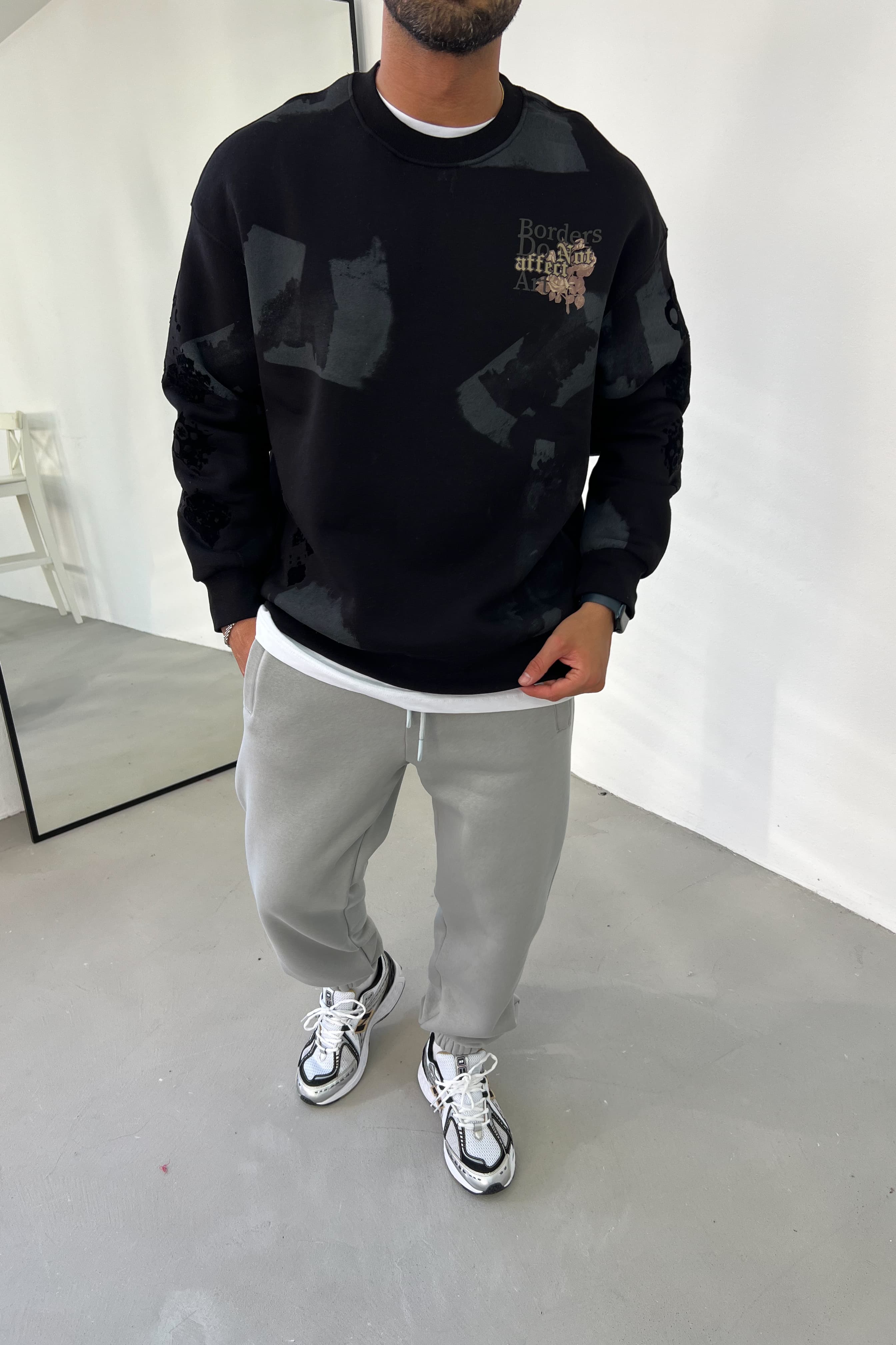 Pano Flok Baskılı Oversize Sweatshirt 7033 - Siyah