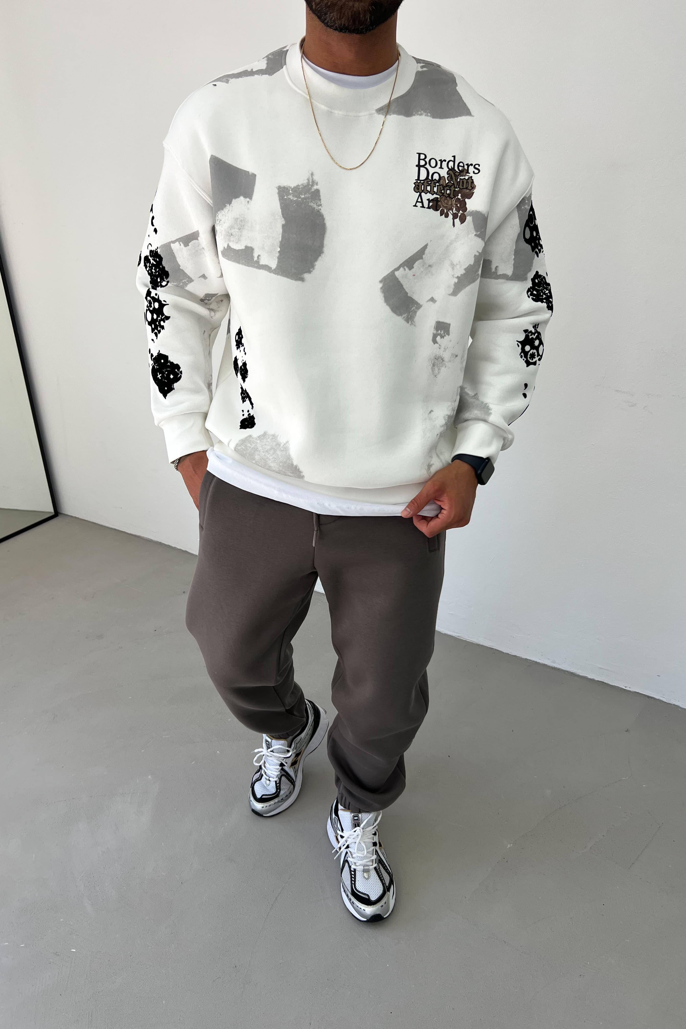 Pano Flok Baskılı Oversize Sweatshirt 7033 - Beyaz