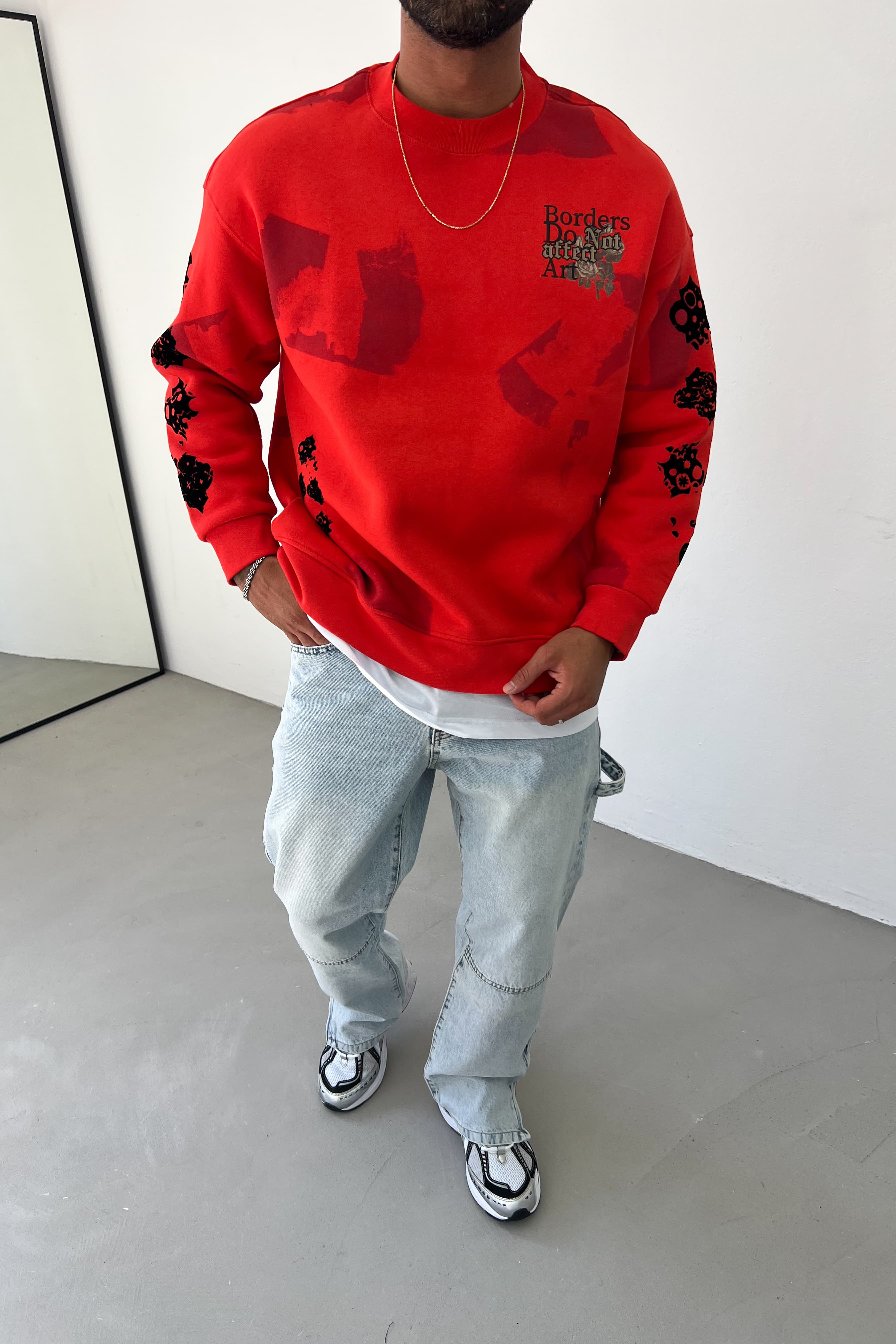 Pano Flok Baskılı Oversize Sweatshirt 7033 - Kırmızı