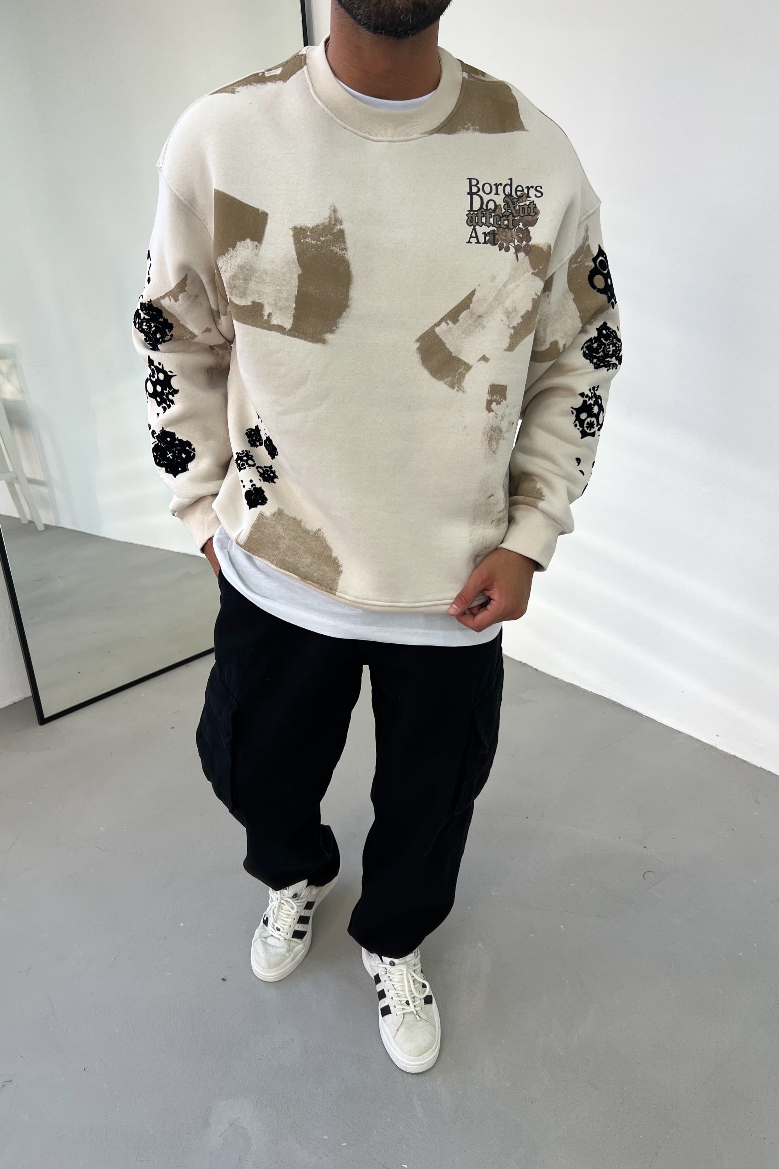 Pano Flok Baskılı Oversize Sweatshirt 7033 - Bej
