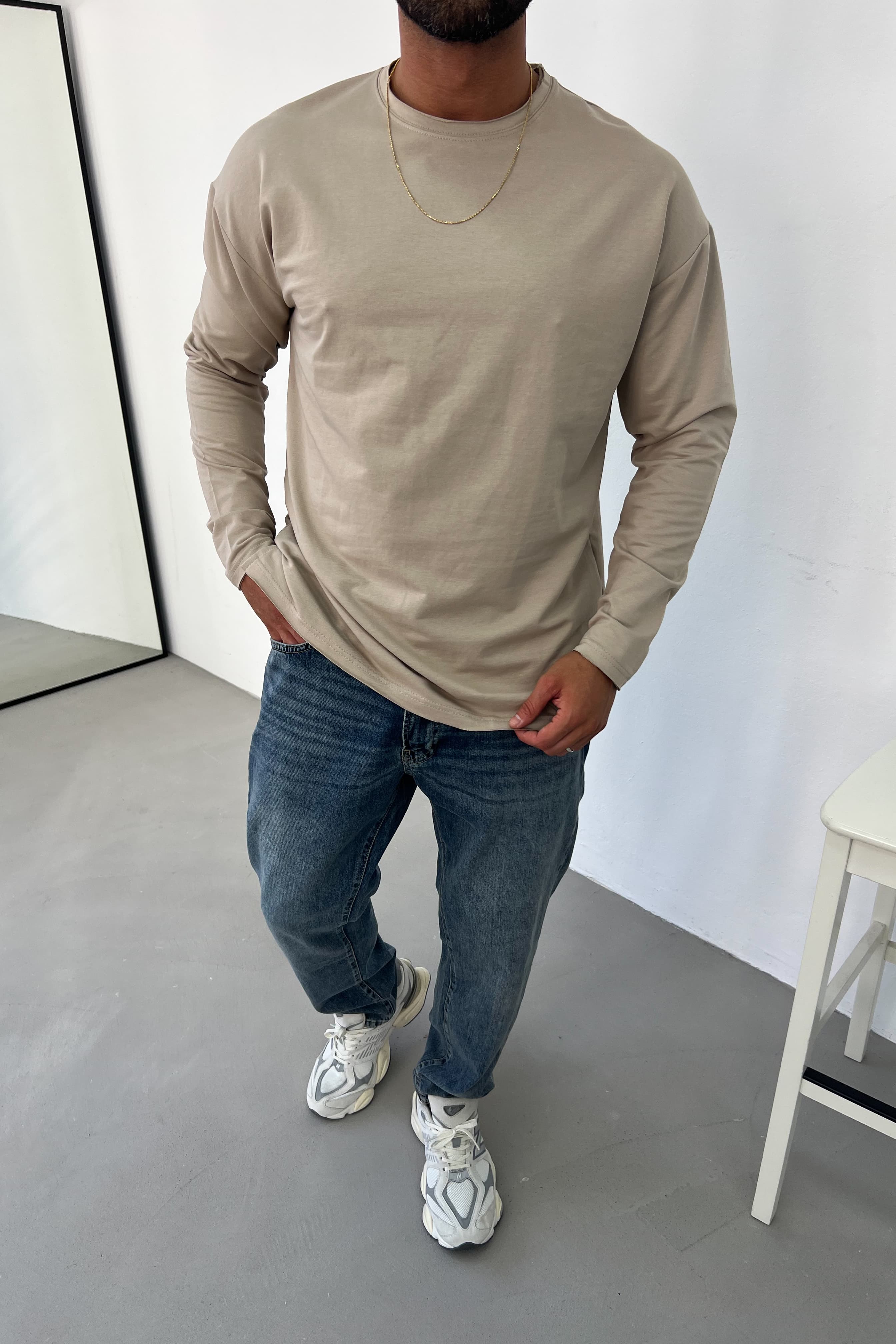 Lazer Kesim Basic Sweatshirt 0595 - Bej