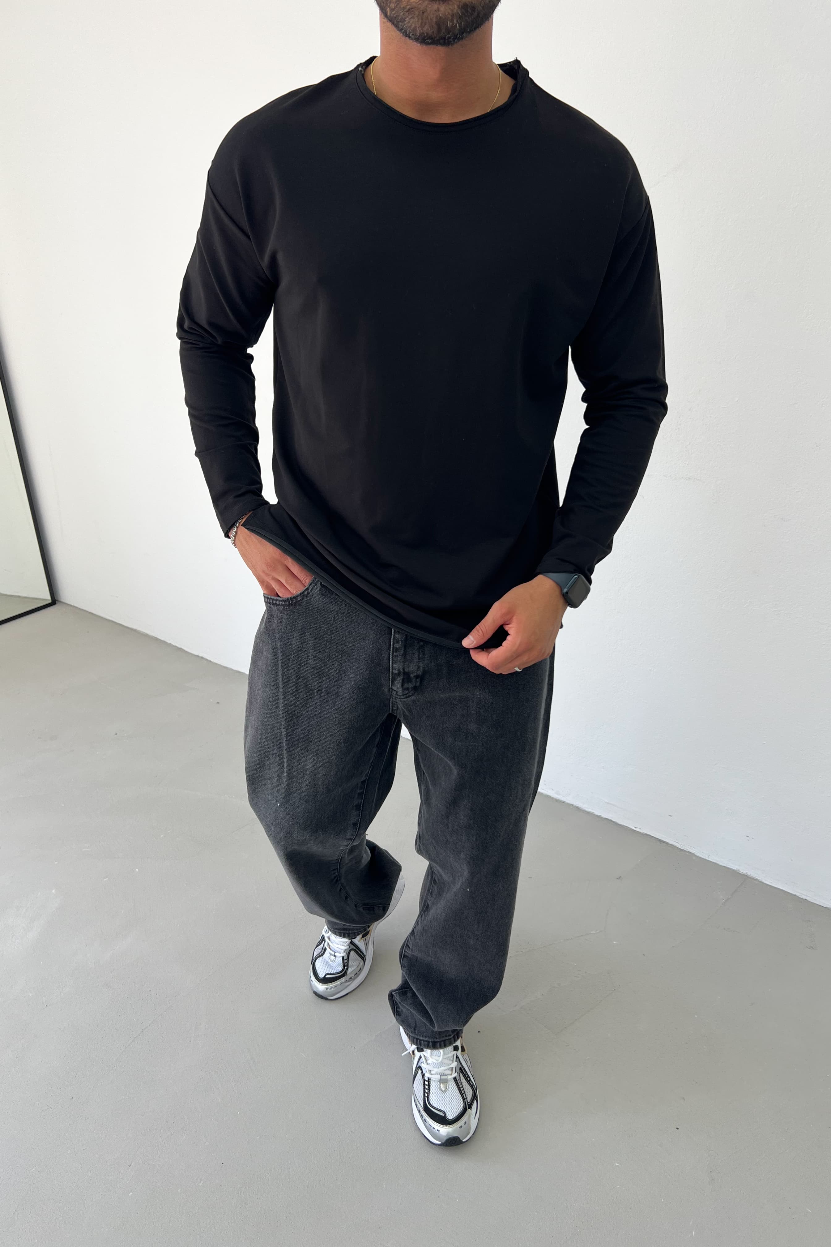 Lazer Kesim Basic Sweatshirt 0595 - Siyah