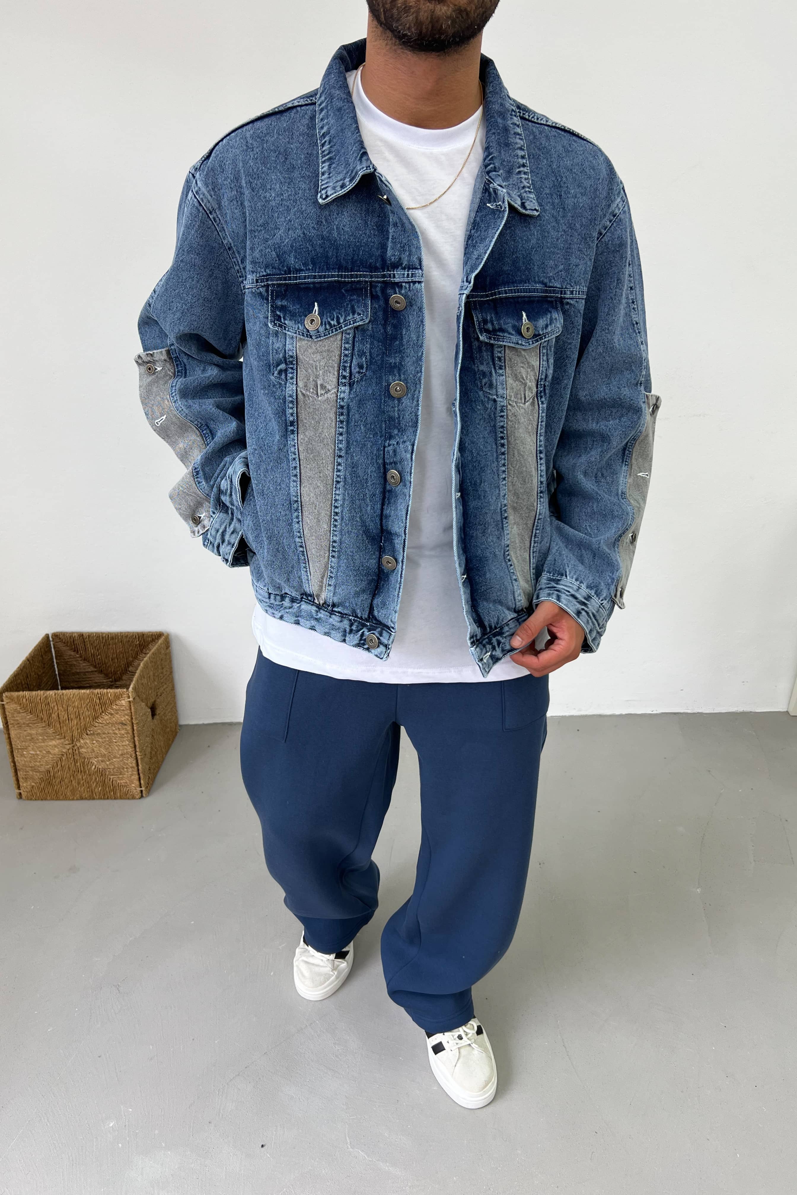Gri Parçalı Oversize Mavi Kot Ceket 7293