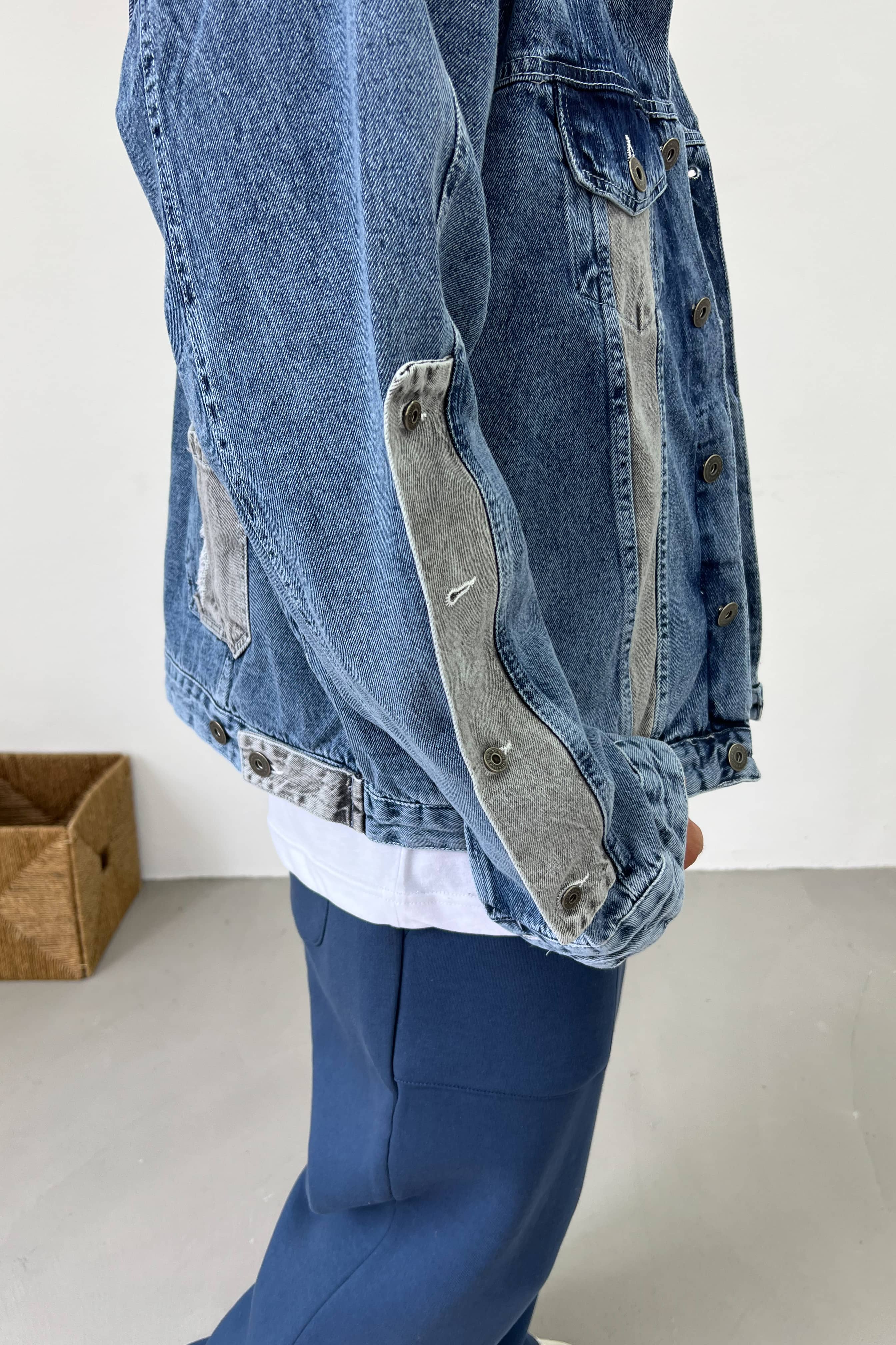 Gri Parçalı Oversize Mavi Kot Ceket 7293