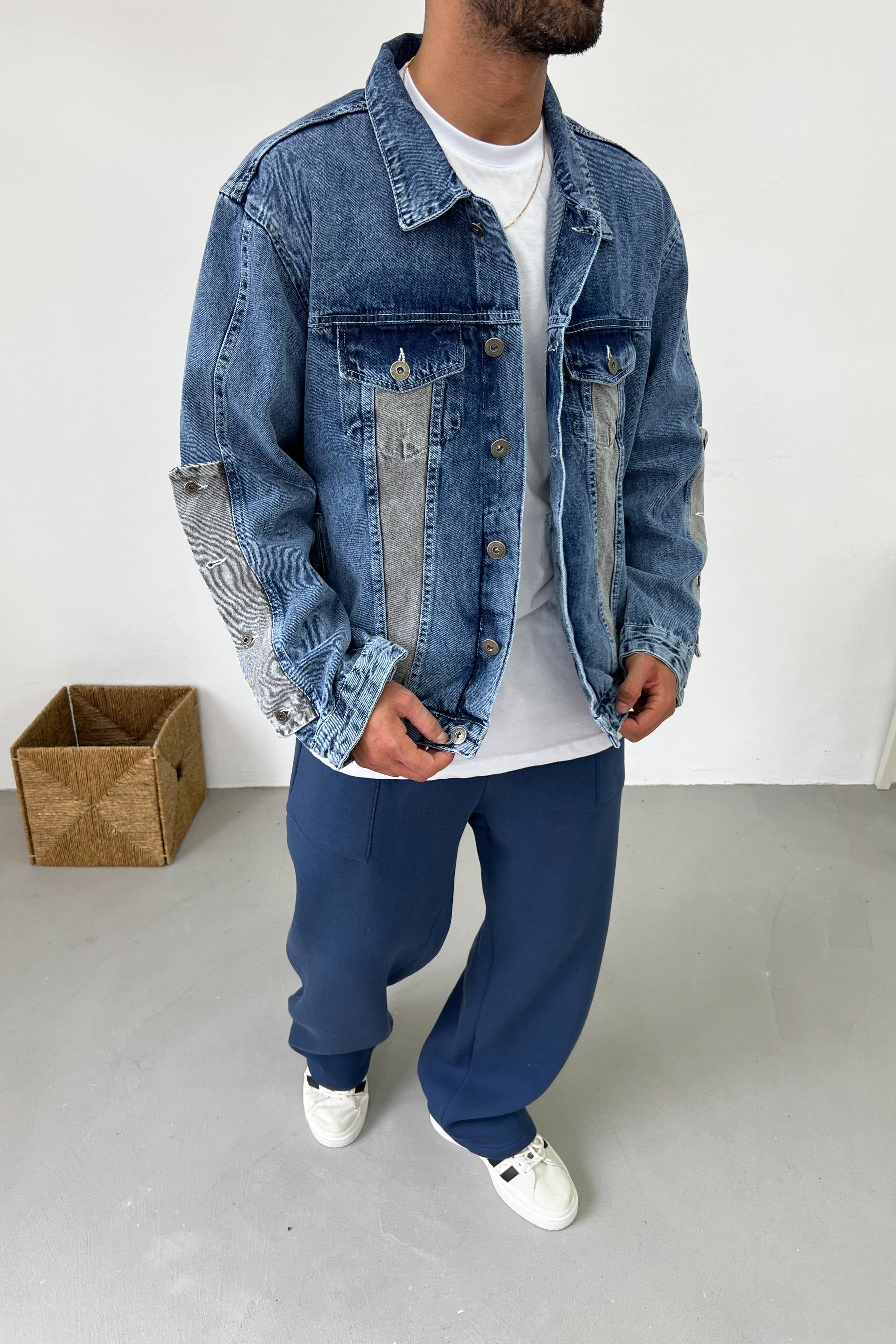 Gri Parçalı Oversize Mavi Kot Ceket 7293