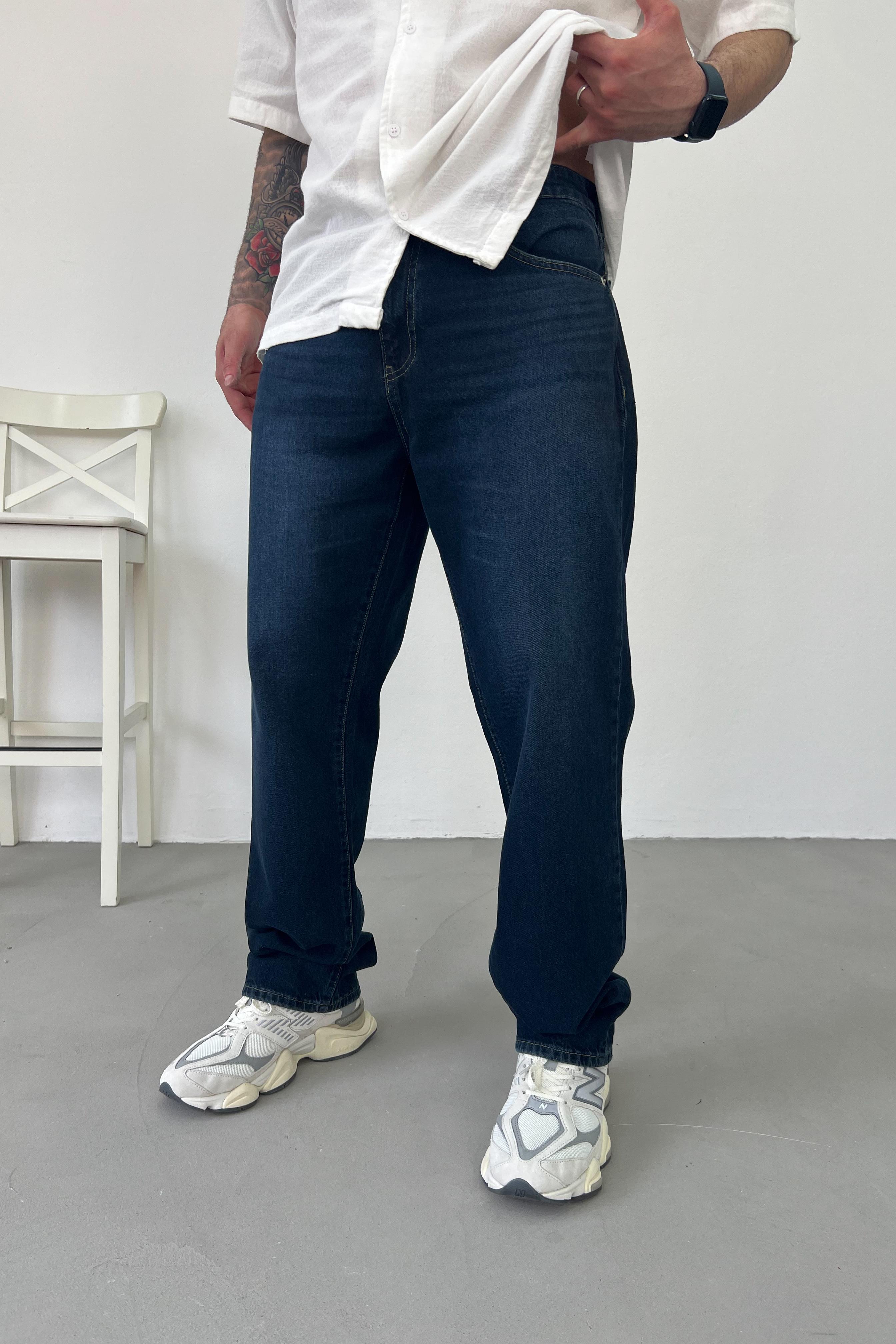 Taşlamalı Koyu Mavi Baggy Pantolon 16668-1